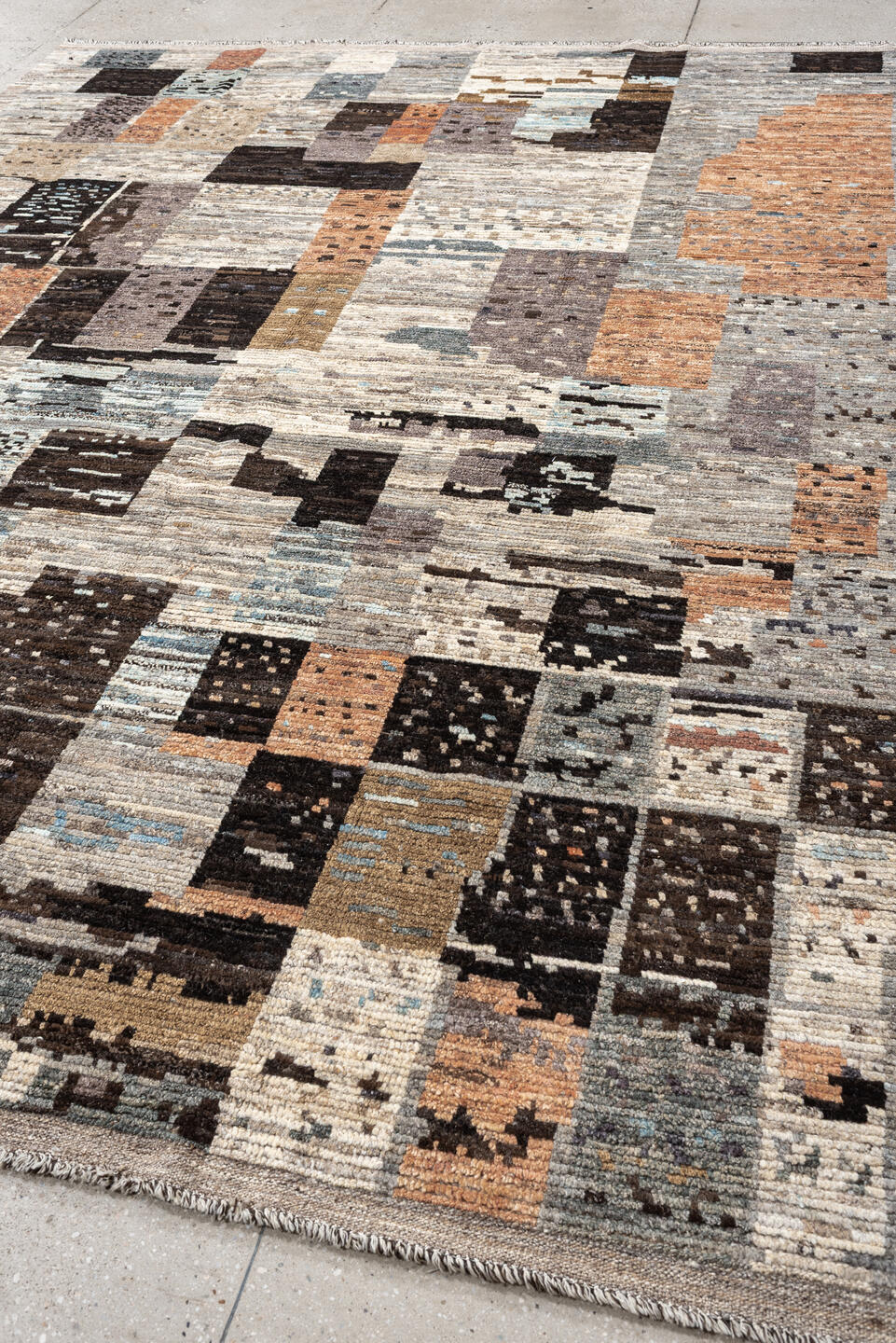 8' x 10' one-of-a-kind handmade vintage Tulu large size rug. Color palette: gray, ivory, taupe, charcoal, terracotta, brown
