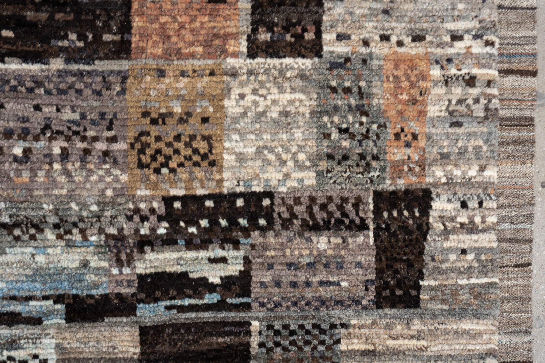 8' x 10' one-of-a-kind handmade vintage Tulu large size rug. Color palette: gray, ivory, taupe, charcoal, terracotta, brown