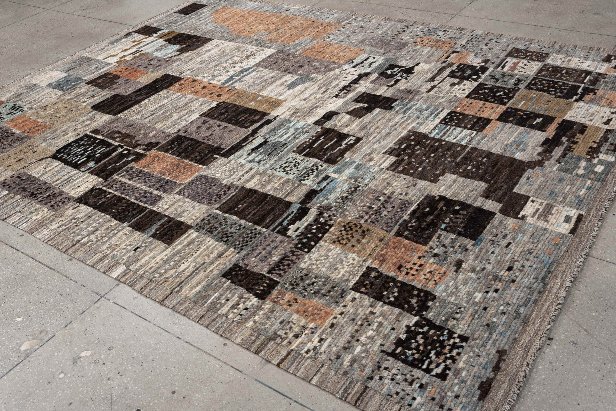 8' x 10' one-of-a-kind handmade vintage Tulu large size rug. Color palette: gray, ivory, taupe, charcoal, terracotta, brown