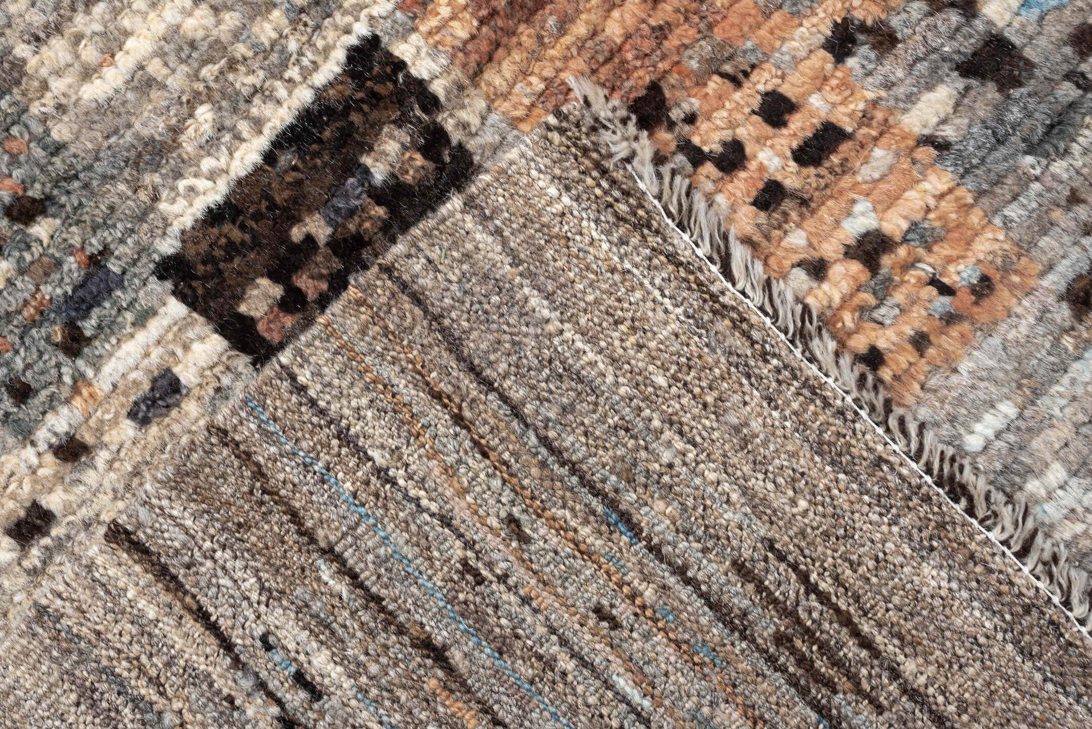 8' x 10' one-of-a-kind handmade vintage Tulu large size rug. Color palette: gray, ivory, taupe, charcoal, terracotta, brown