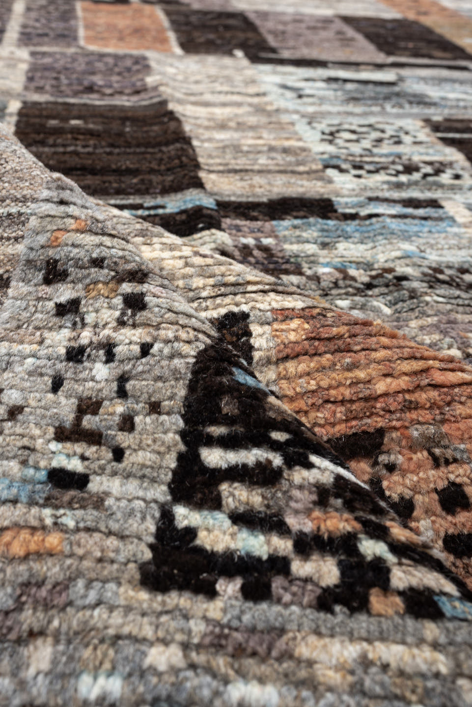 8' x 10' one-of-a-kind handmade vintage Tulu large size rug. Color palette: gray, ivory, taupe, charcoal, terracotta, brown