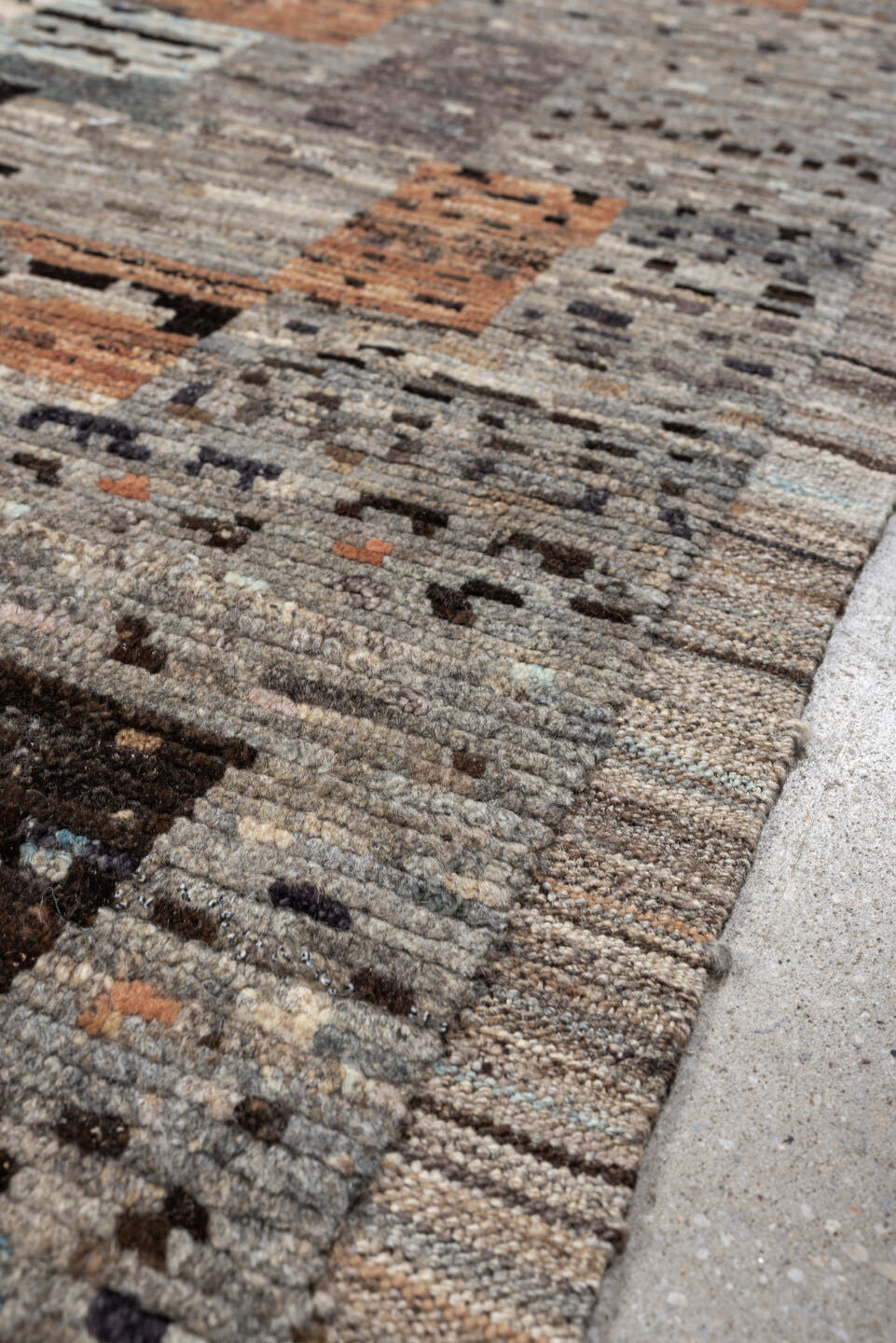 8' x 10' one-of-a-kind handmade vintage Tulu large size rug. Color palette: gray, ivory, taupe, charcoal, terracotta, brown