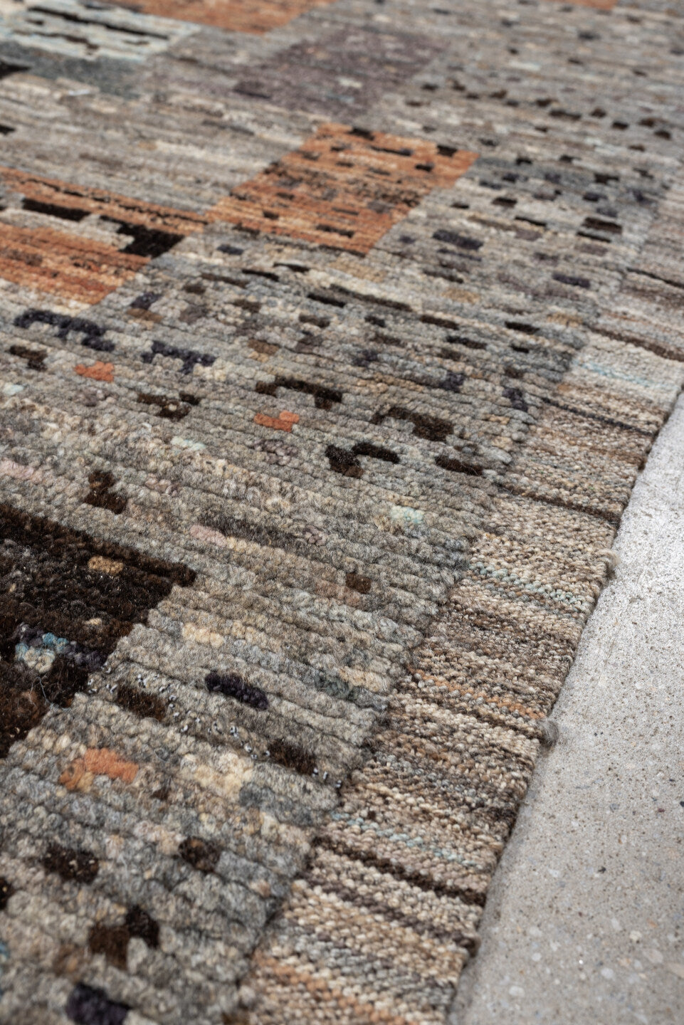 8' x 10' one-of-a-kind handmade vintage Tulu large size rug. Color palette: gray, ivory, taupe, charcoal, terracotta, brown