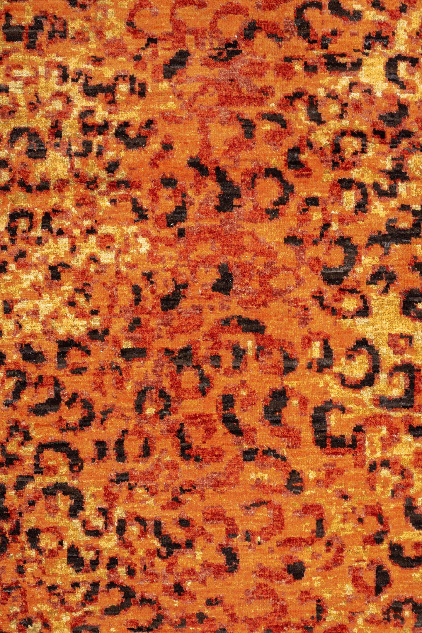 8' x 11' one-of-a-kind handmade vintage Tiger large size rug. Color palette: terra cotta, camel, charcoal, rust, gold