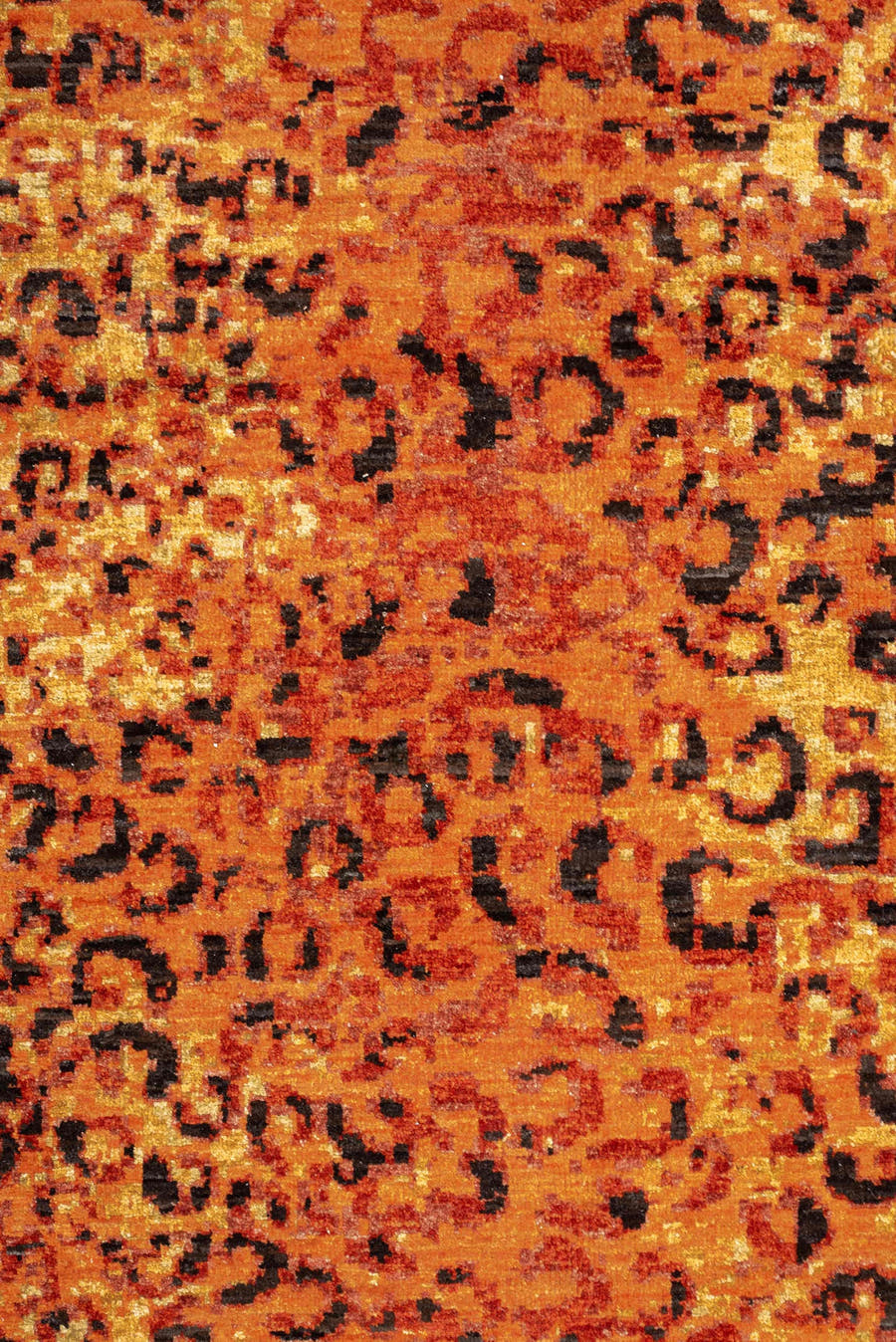 8' x 11' one-of-a-kind handmade vintage Tiger large size rug. Color palette: terra cotta, camel, charcoal, rust, gold