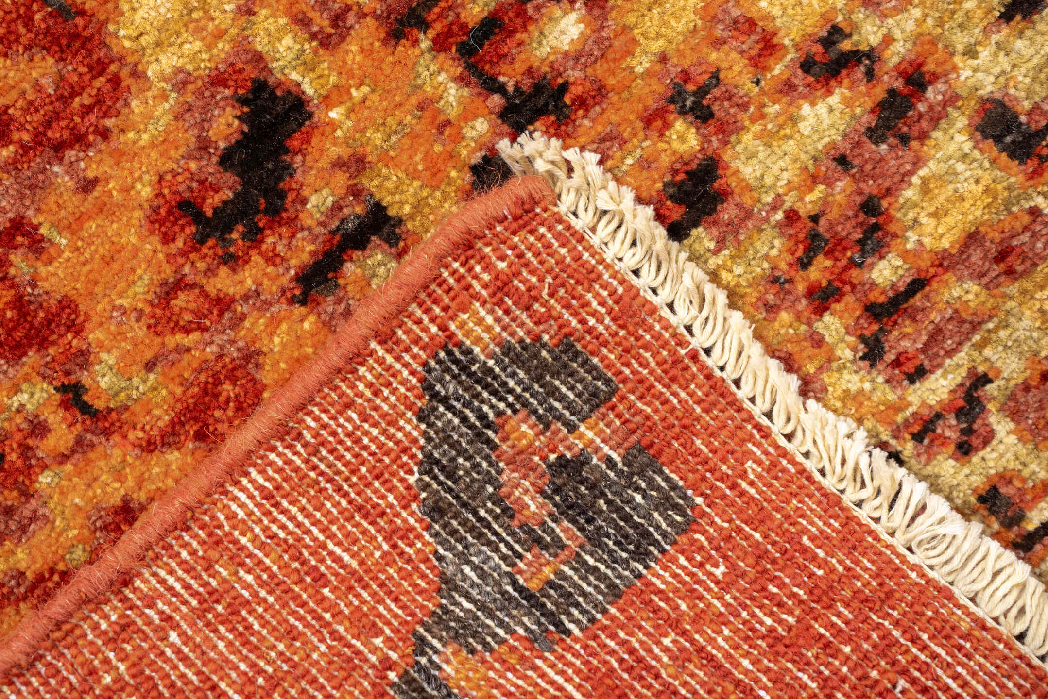 8' x 11' one-of-a-kind handmade vintage Tiger large size rug. Color palette: terra cotta, camel, charcoal, rust, gold