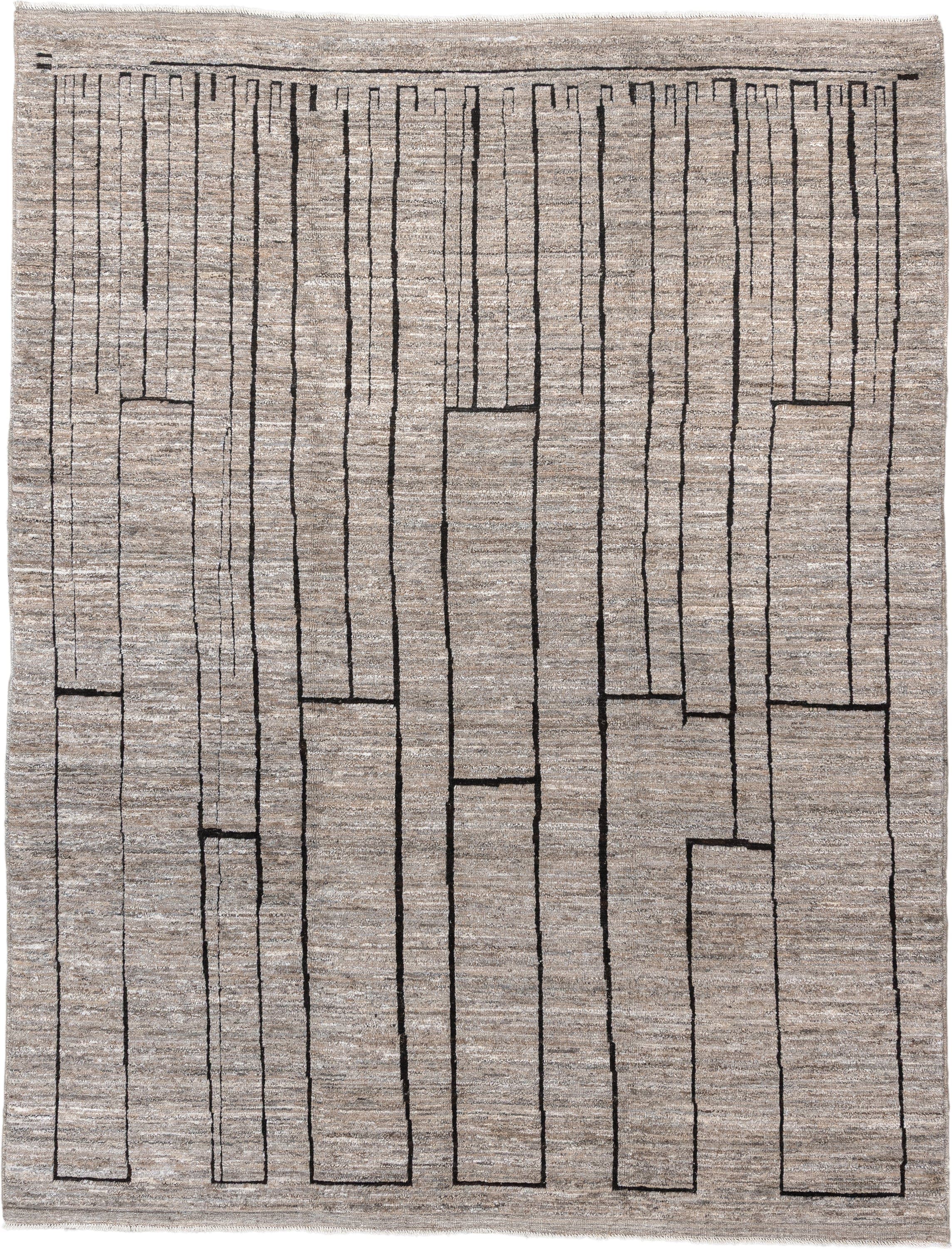 9' x 11' one-of-a-kind handmade vintage Moroccan large size rug. Color palette: taupe, ivory, charcoal, greige, stone, beige