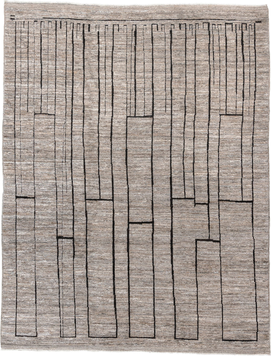 9' x 11' one-of-a-kind handmade vintage Moroccan large size rug. Color palette: taupe, ivory, charcoal, greige, stone, beige