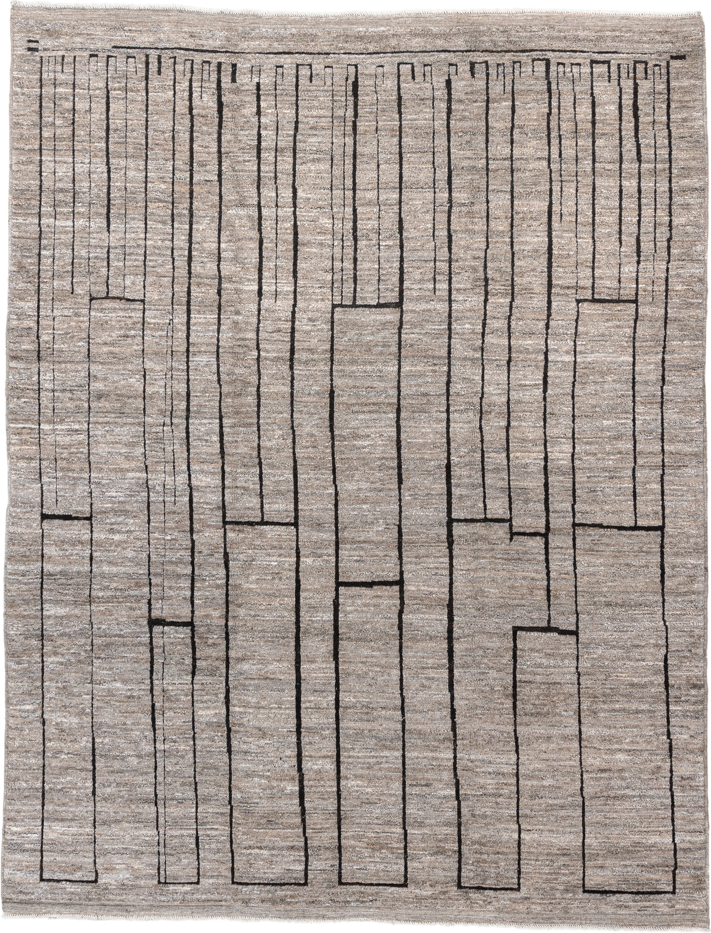 9' x 11' one-of-a-kind handmade vintage Moroccan large size rug. Color palette: taupe, ivory, charcoal, greige, stone, beige