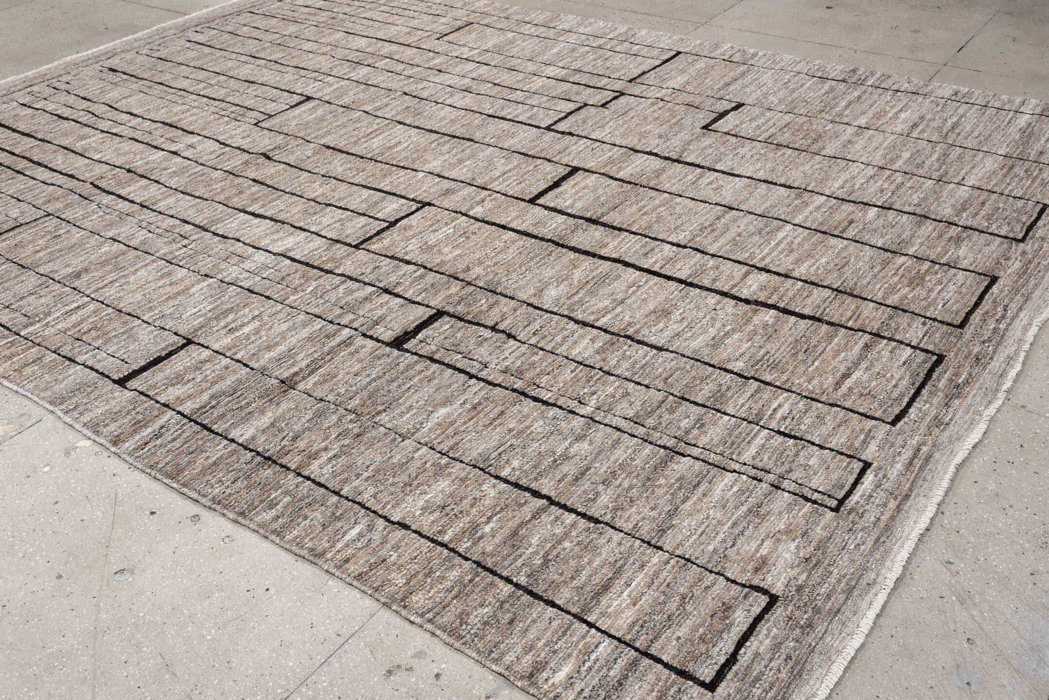 9' x 11' one-of-a-kind handmade vintage Moroccan large size rug. Color palette: taupe, ivory, charcoal, greige, stone, beige