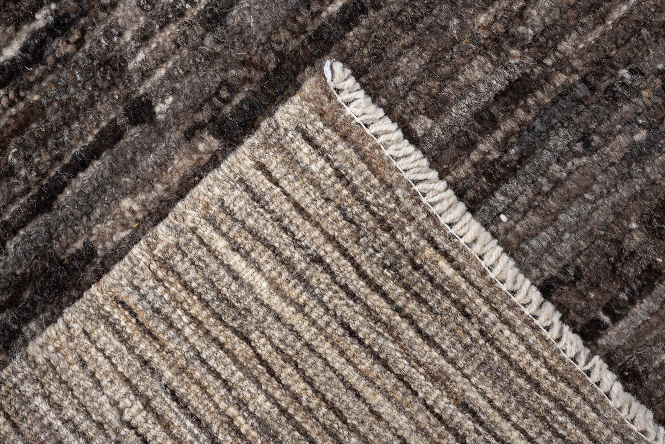 3' x 12' one-of-a-kind handmade vintage Tulu runner rug. Color palette: charcoal, taupe, ivory, brown, cream, slate, black