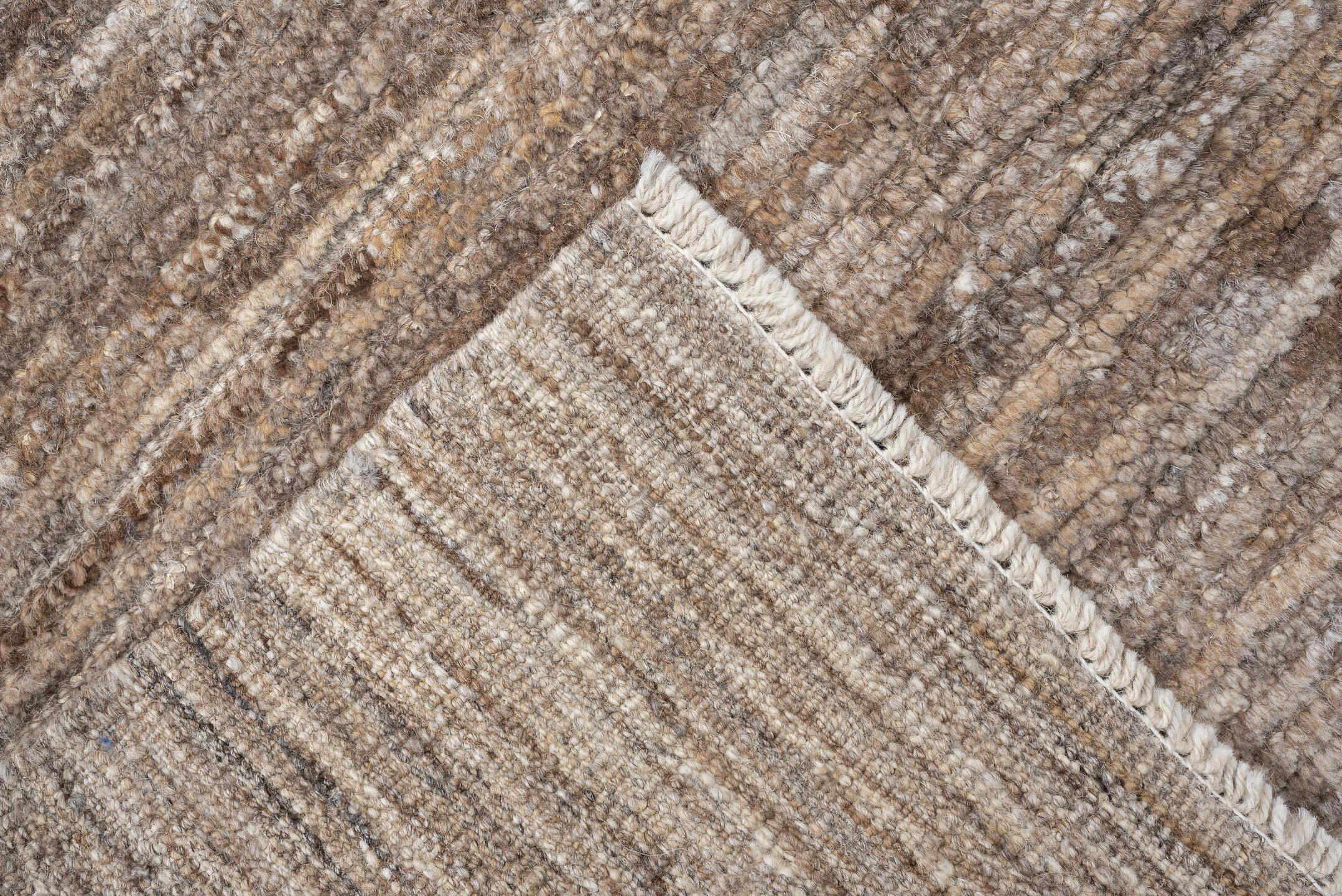 3' x 12' one-of-a-kind handmade vintage Tulu runner rug. Color palette: taupe, ivory, charcoal, cream, brown, greige, beige