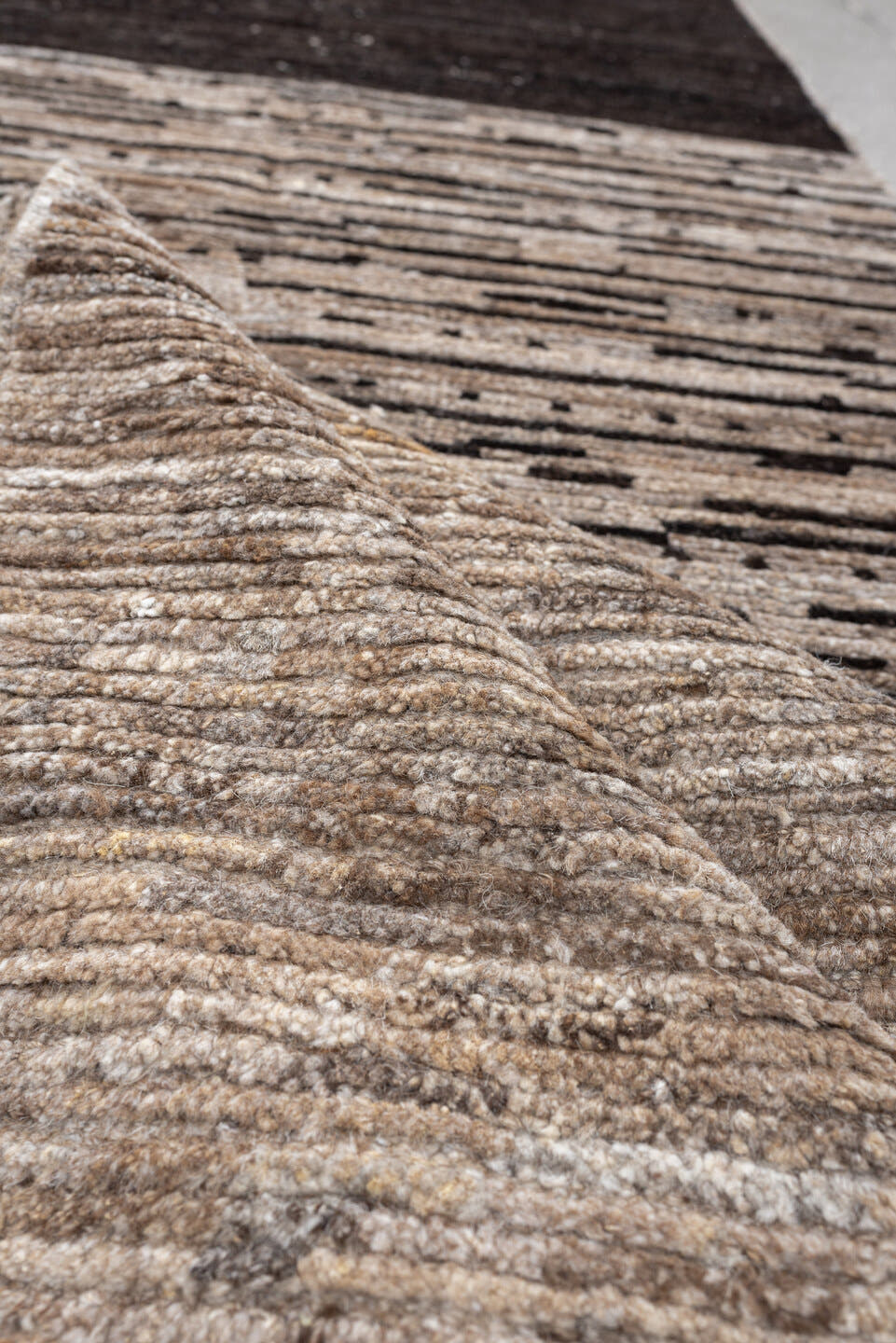 3' x 12' one-of-a-kind handmade vintage Tulu runner rug. Color palette: taupe, ivory, charcoal, cream, brown, greige, beige