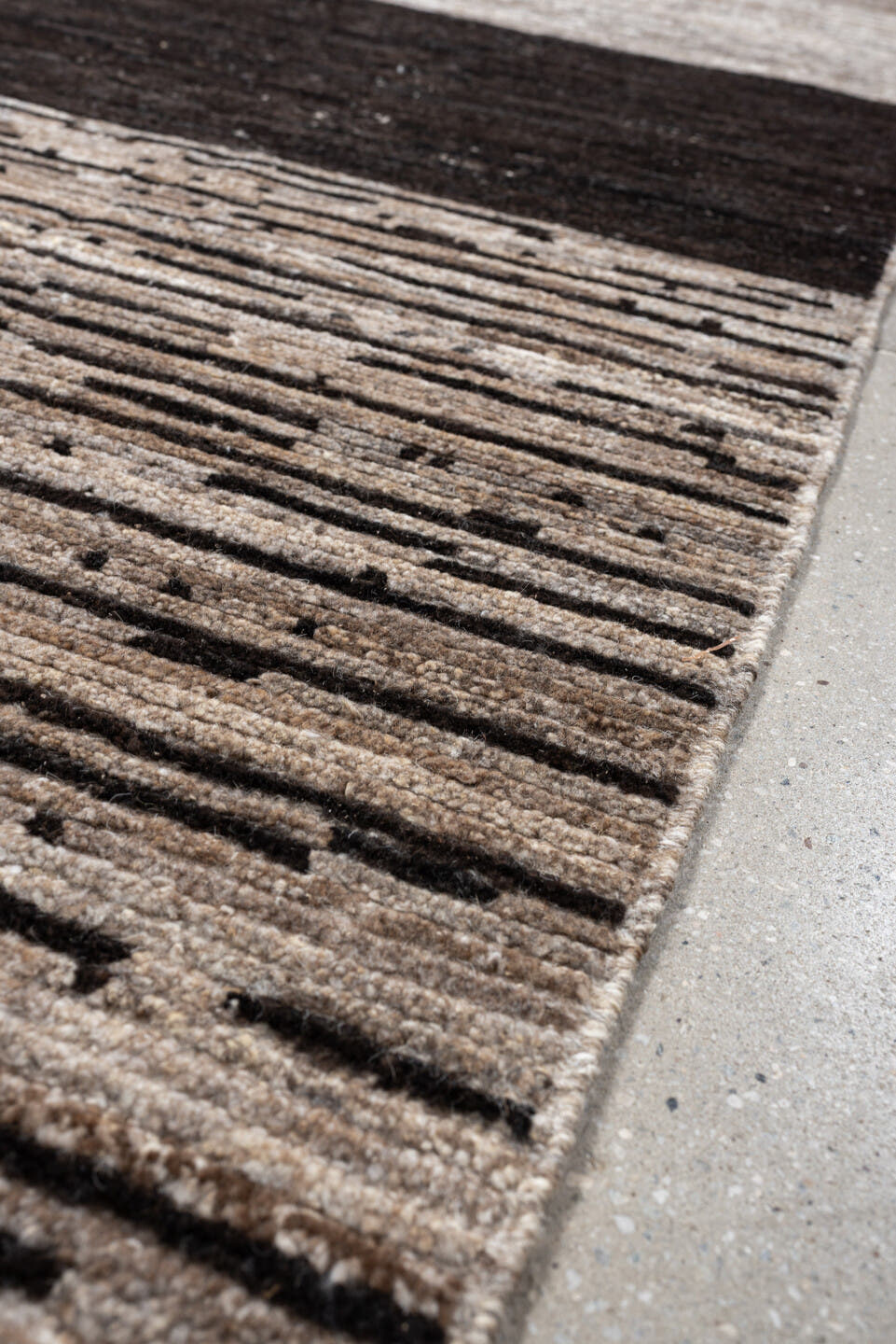 3' x 12' one-of-a-kind handmade vintage Tulu runner rug. Color palette: taupe, ivory, charcoal, cream, brown, greige, beige