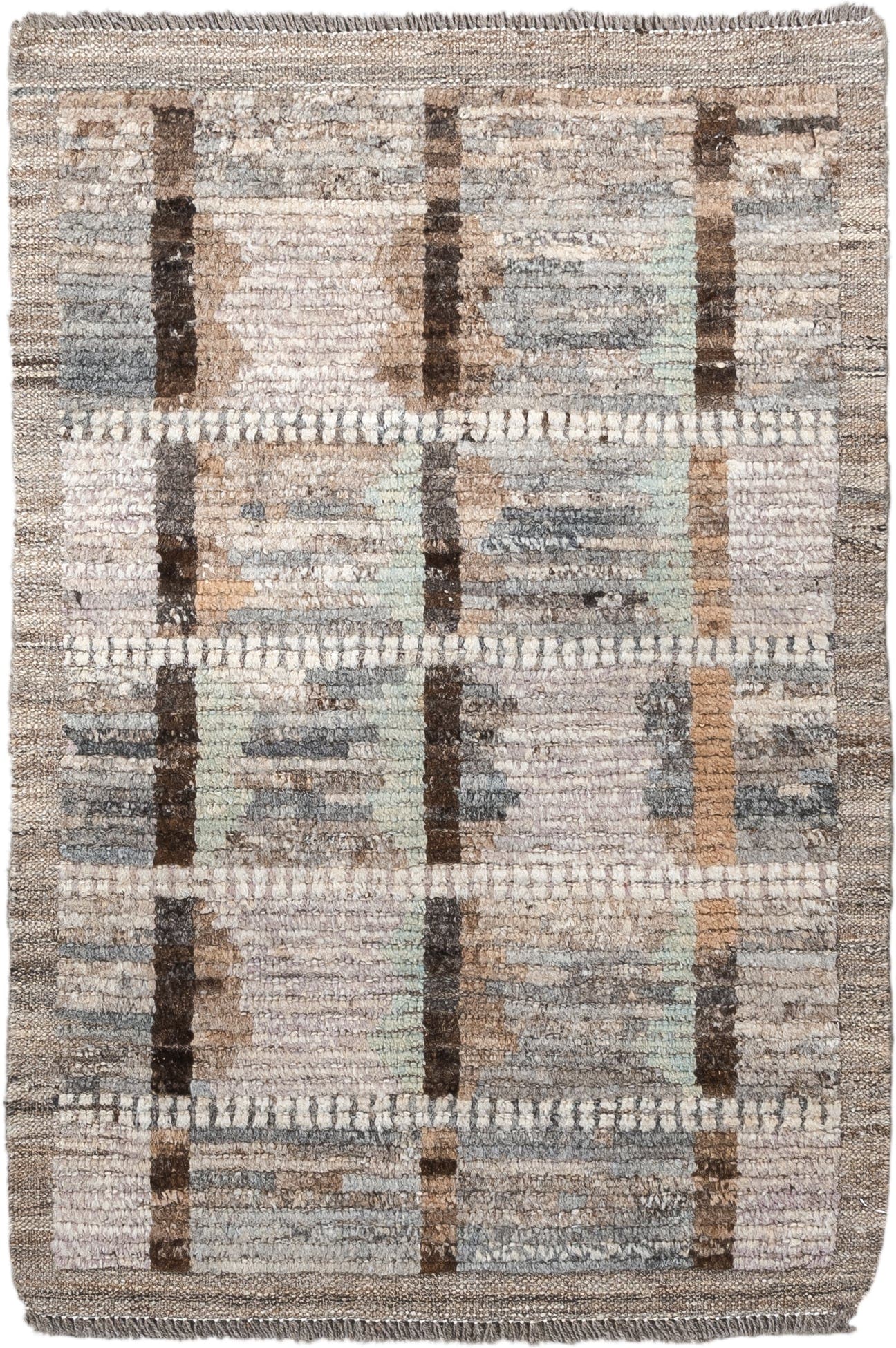 2' x 3' one-of-a-kind handmade vintage Tulu small size rug. Color palette: ivory, taupe, gray, brown, camel, celadon