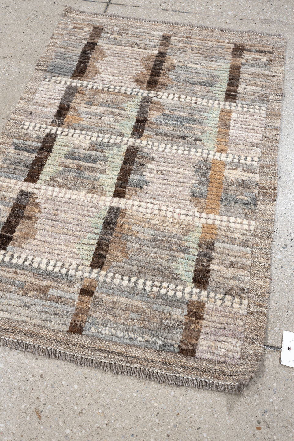 2' x 3' one-of-a-kind handmade vintage Tulu small size rug. Color palette: ivory, taupe, gray, brown, camel, celadon