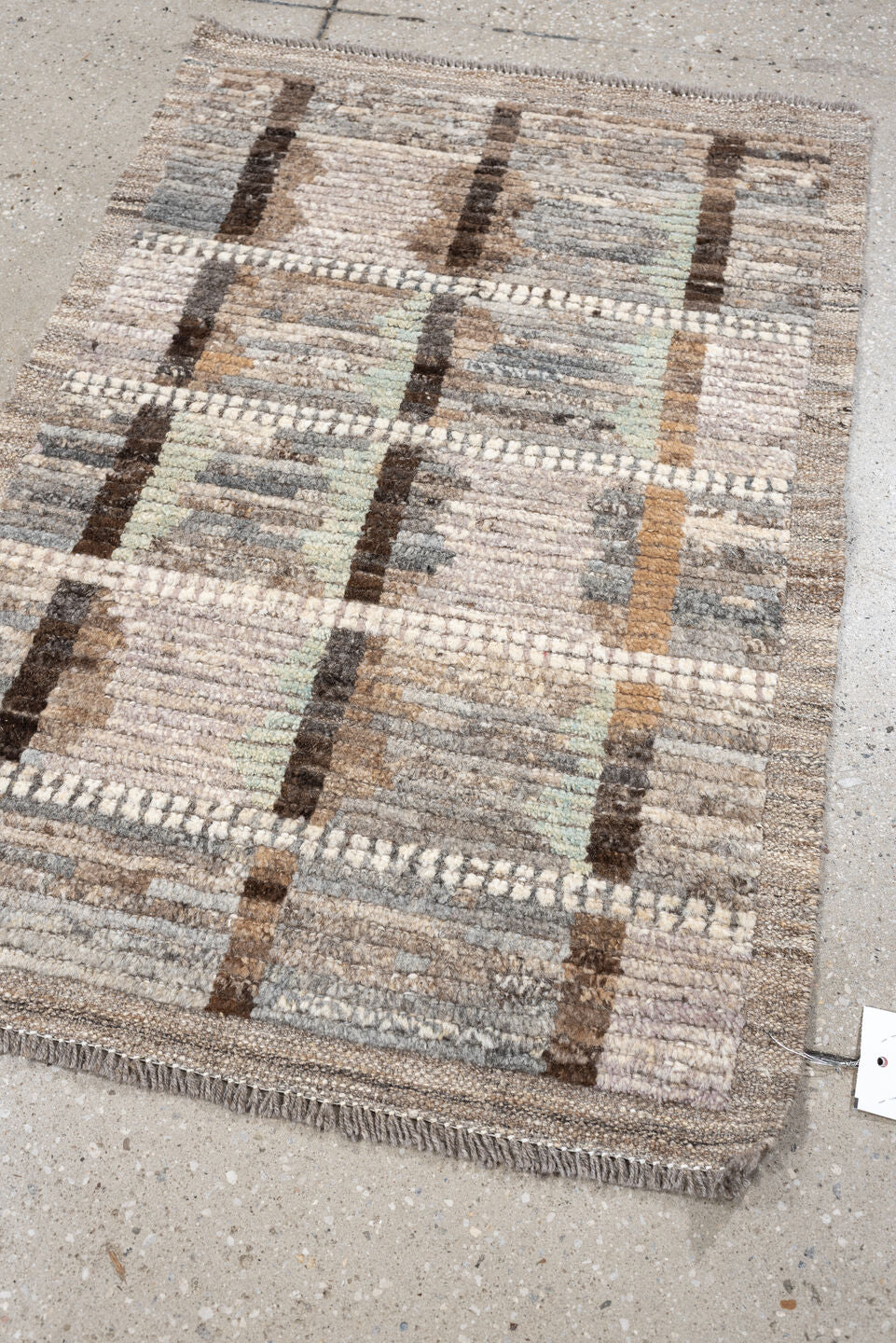 2' x 3' one-of-a-kind handmade vintage Tulu small size rug. Color palette: ivory, taupe, gray, brown, camel, celadon