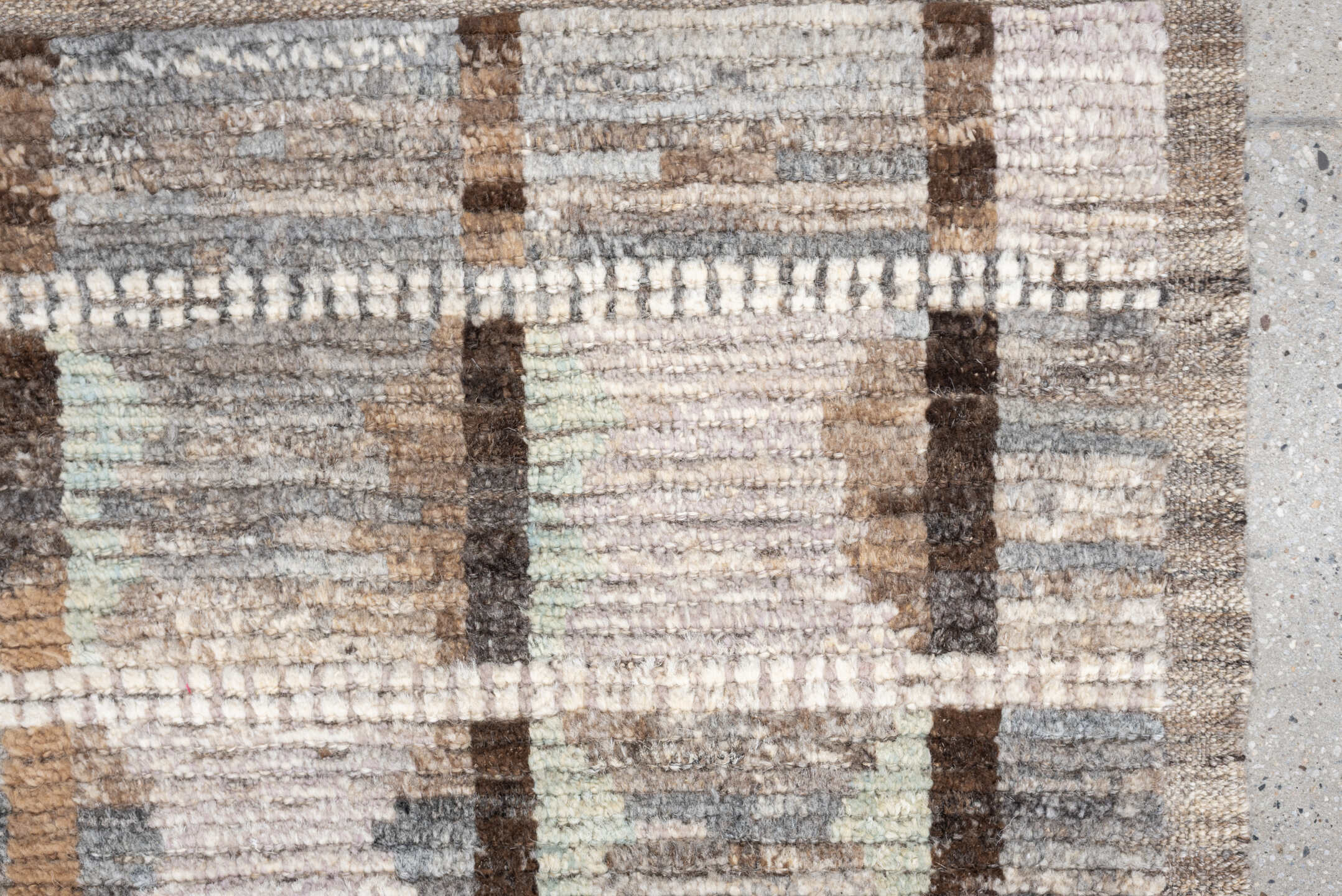 2' x 3' one-of-a-kind handmade vintage Tulu small size rug. Color palette: ivory, taupe, gray, brown, camel, celadon