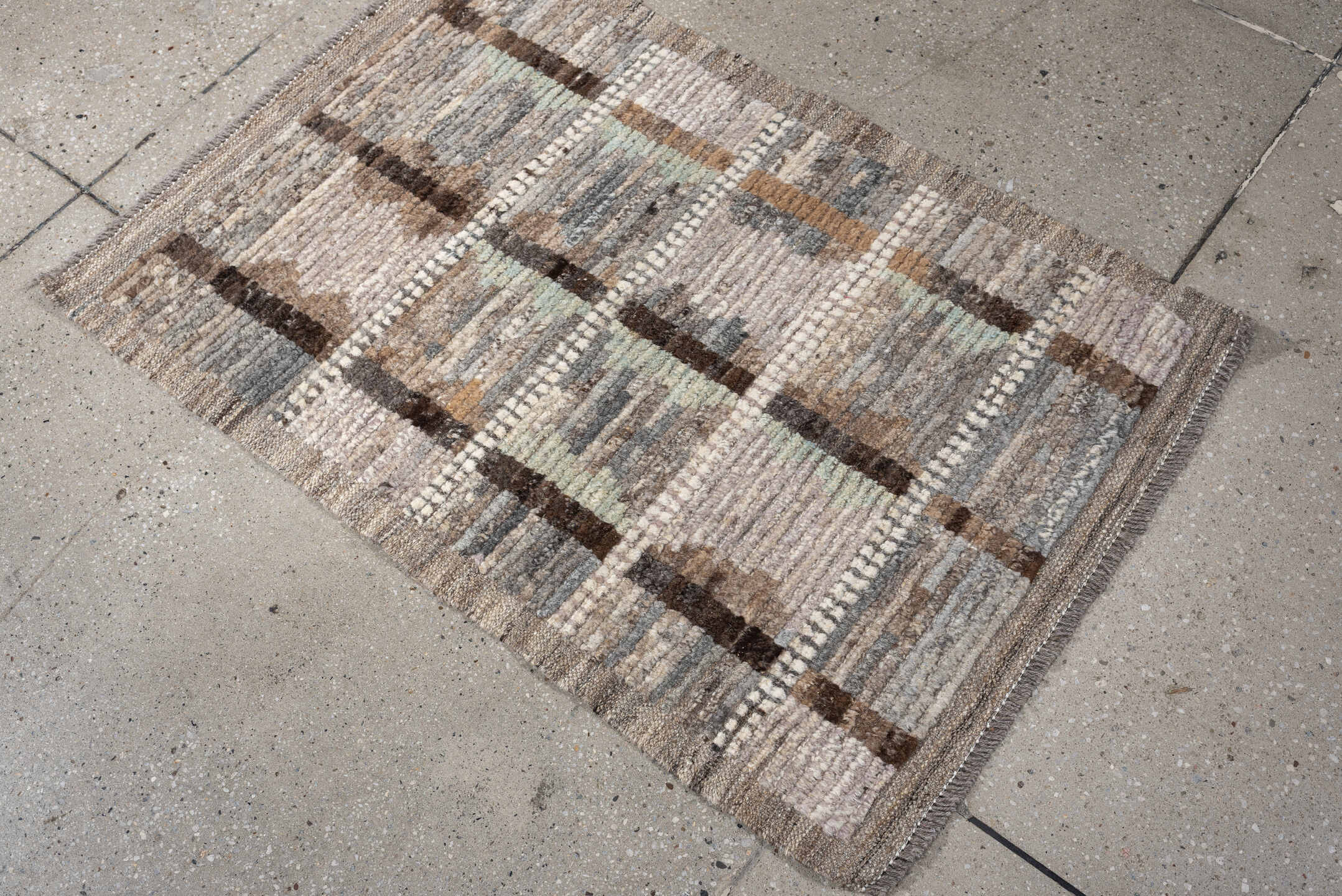 2' x 3' one-of-a-kind handmade vintage Tulu small size rug. Color palette: ivory, taupe, gray, brown, camel, celadon