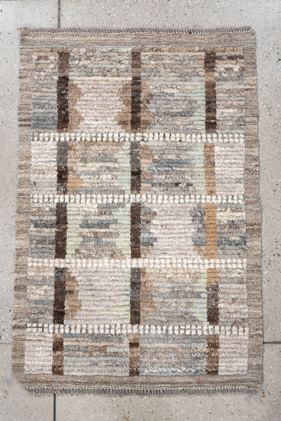 2' x 3' one-of-a-kind handmade vintage Tulu small size rug. Color palette: ivory, taupe, gray, brown, camel, celadon