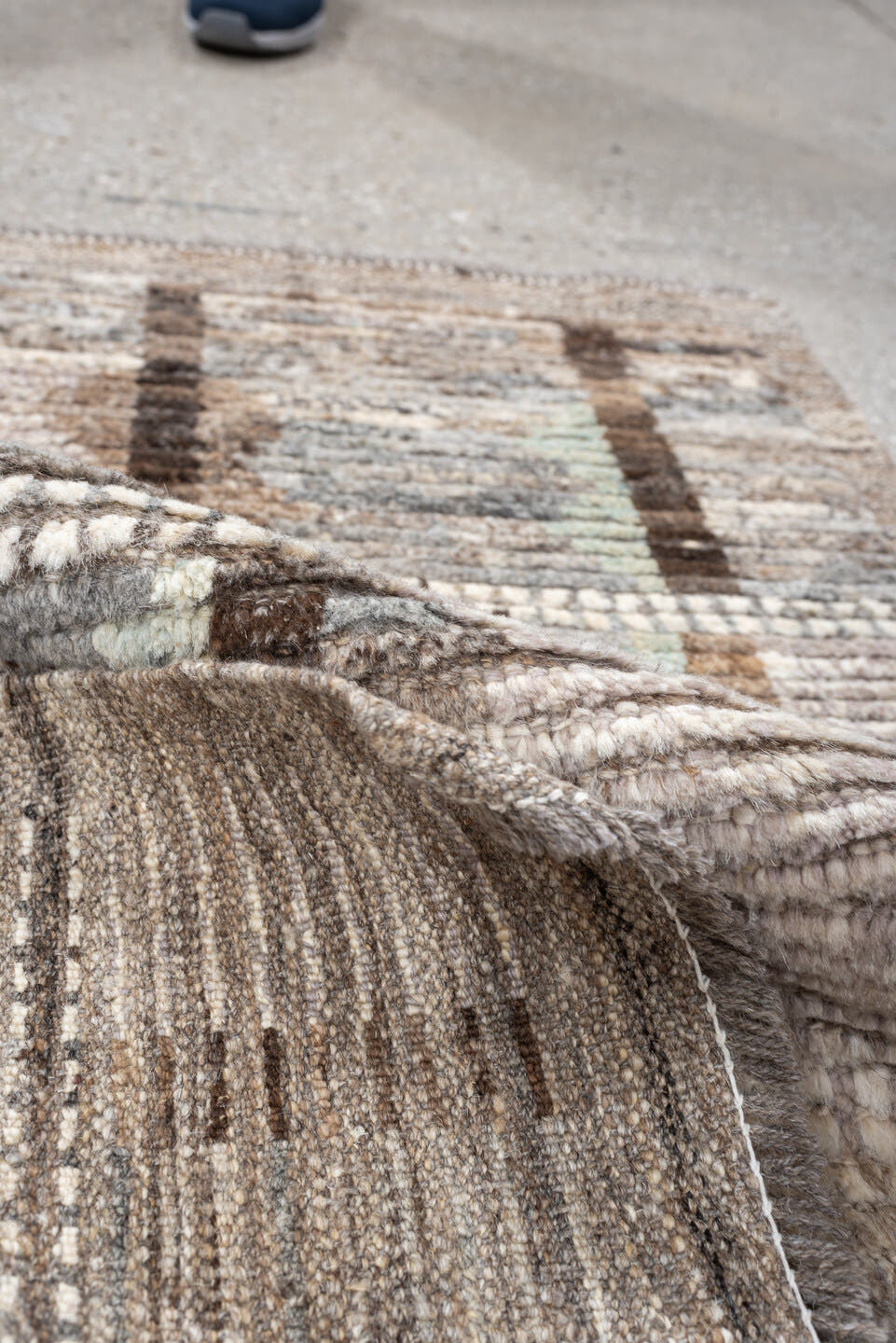 2' x 3' one-of-a-kind handmade vintage Tulu small size rug. Color palette: ivory, taupe, gray, brown, camel, celadon