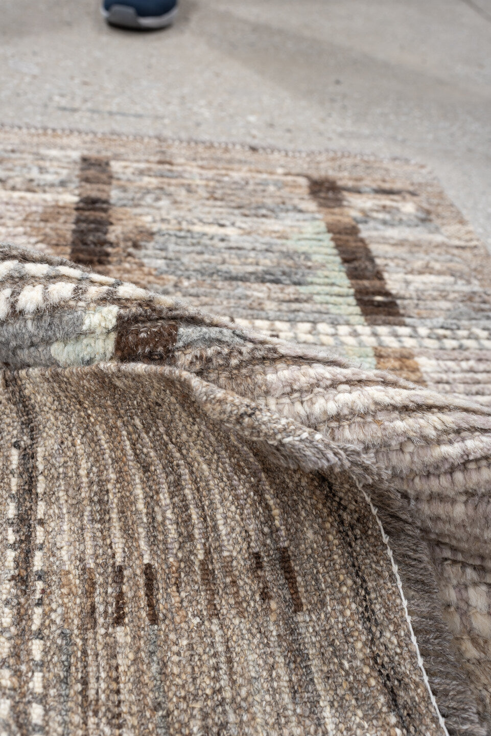 2' x 3' one-of-a-kind handmade vintage Tulu small size rug. Color palette: ivory, taupe, gray, brown, camel, celadon