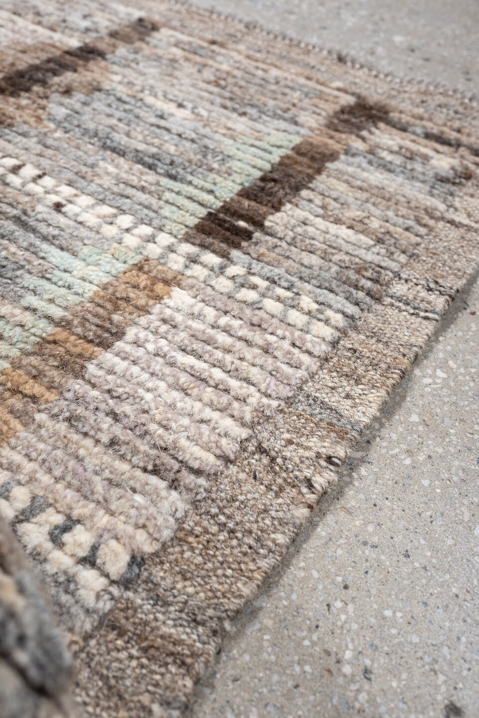 2' x 3' one-of-a-kind handmade vintage Tulu small size rug. Color palette: ivory, taupe, gray, brown, camel, celadon