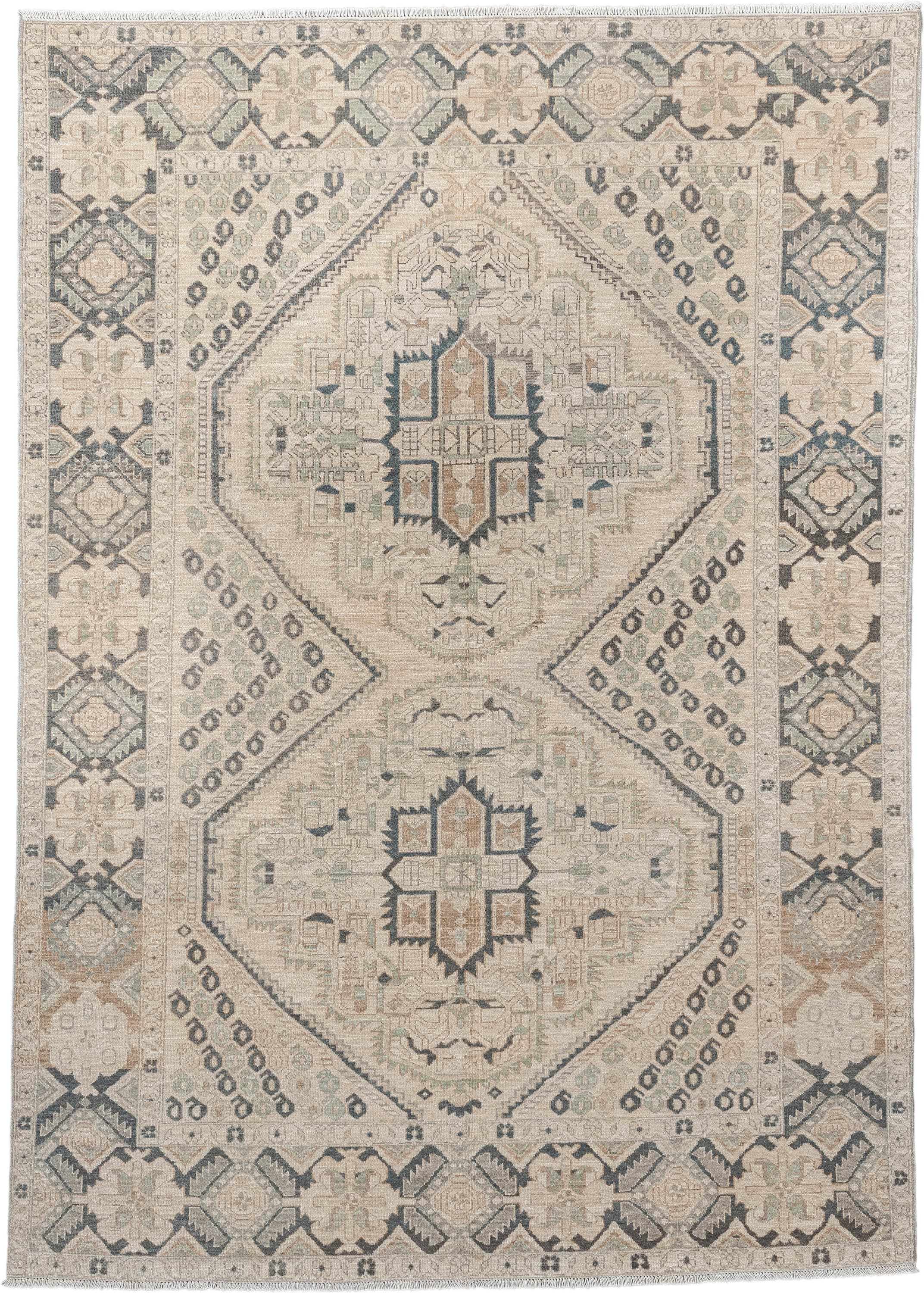 5' x 7' one-of-a-kind handmade vintage Afshar rug. Color palette: ivory, charcoal, sage, sand, taupe, camel, black, gray