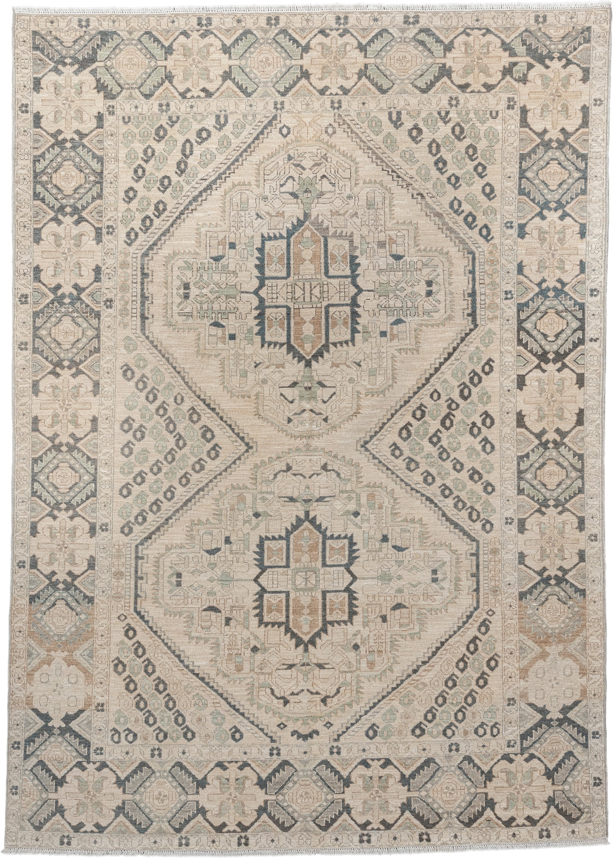 5' x 7' one-of-a-kind handmade vintage Afshar rug. Color palette: ivory, charcoal, sage, sand, taupe, camel, black, gray