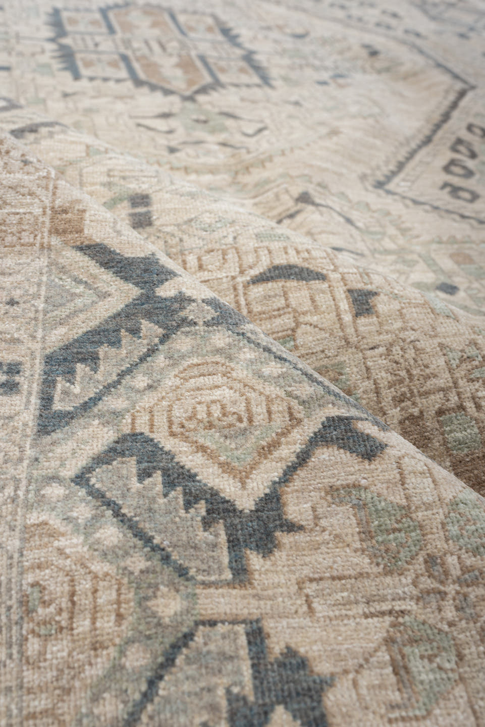 5' x 7' one-of-a-kind handmade vintage Afshar rug. Color palette: ivory, charcoal, sage, sand, taupe, camel, black, gray