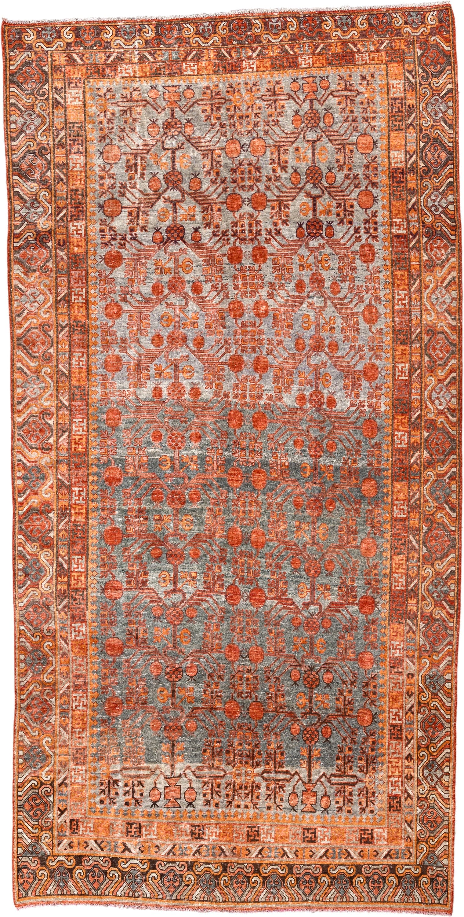 6' x 13' one-of-a-kind handmade antique Khotan large size rug. Color palette: slate, terra cotta, rust, ivory, charcoal