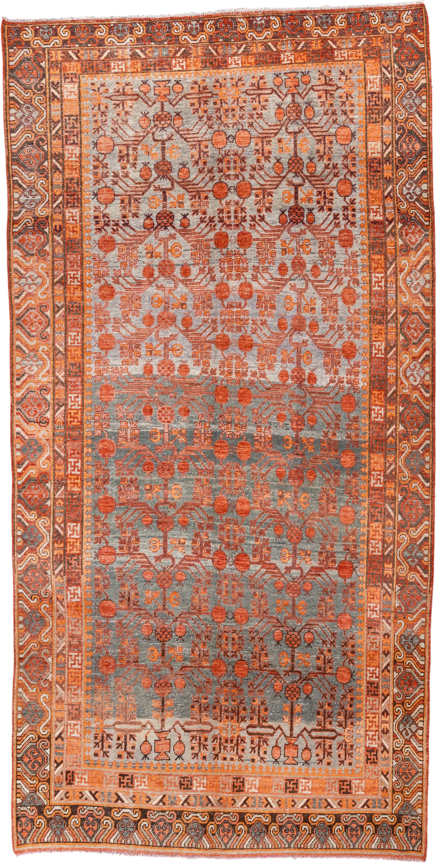 6' x 13' one-of-a-kind handmade antique Khotan large size rug. Color palette: slate, terra cotta, rust, ivory, charcoal
