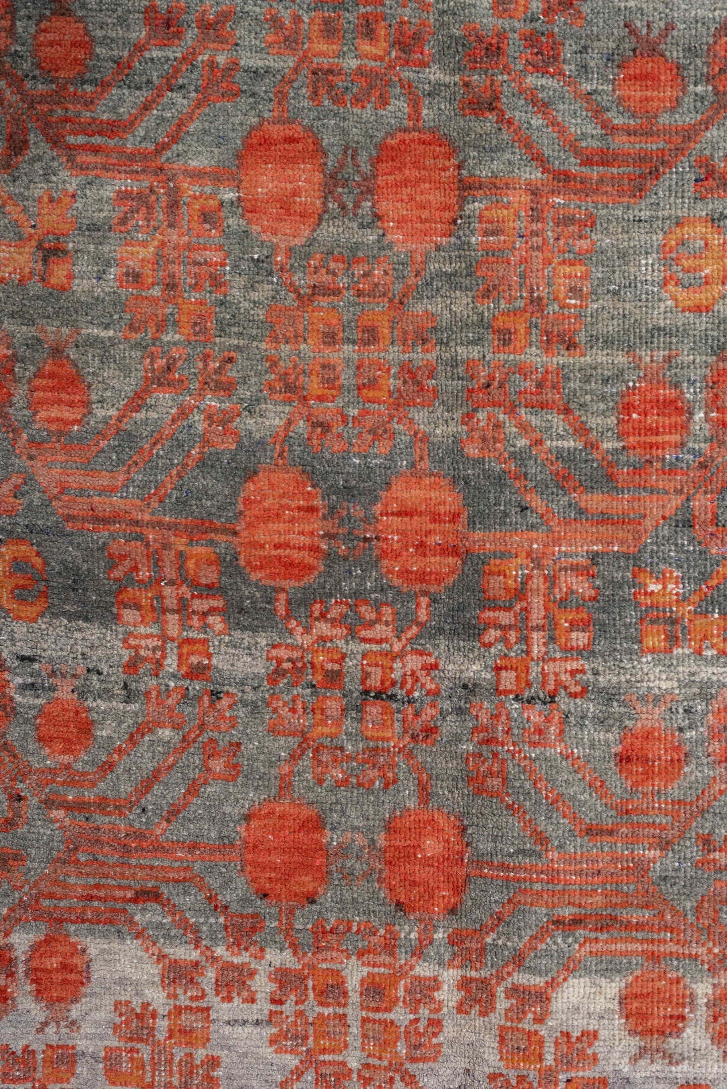 6' x 13' one-of-a-kind handmade antique Khotan large size rug. Color palette: slate, terra cotta, rust, ivory, charcoal