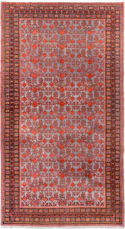7' x 13' one-of-a-kind handmade antique Khotan large size rug. Color palette: rose, terracotta, indigo, ivory, coral
