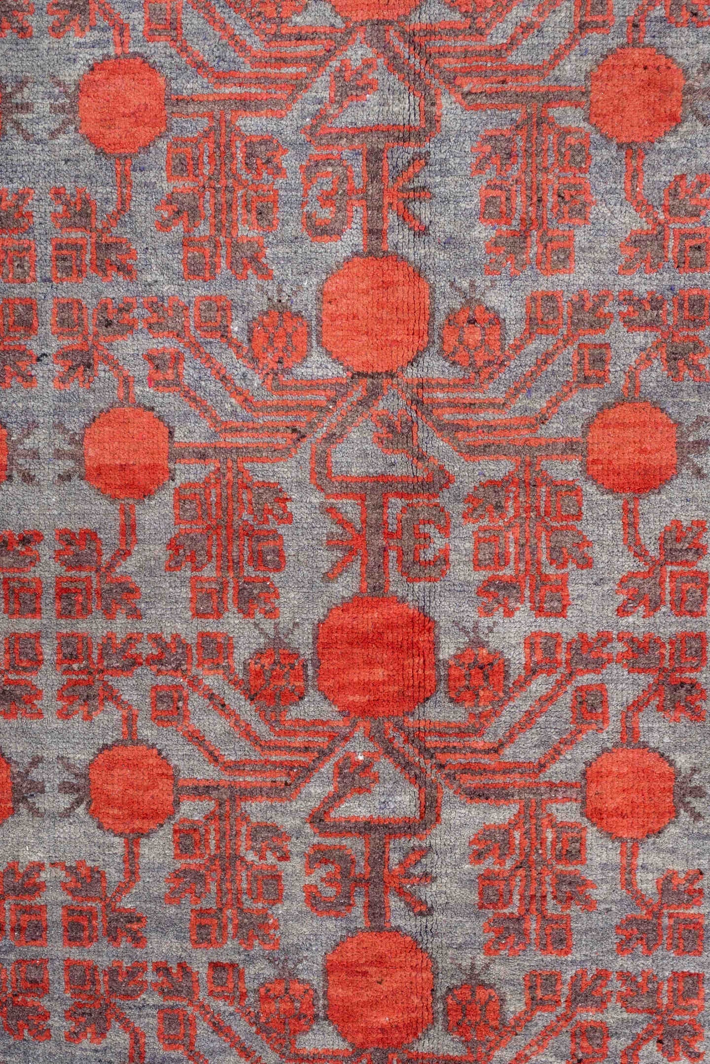 7' x 13' one-of-a-kind handmade antique Khotan large size rug. Color palette: rose, terracotta, indigo, ivory, coral