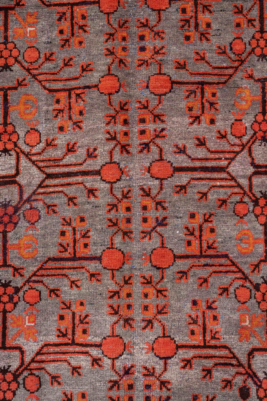 6' x 14' one-of-a-kind handmade antique Khotan large size rug. Color palette: slate, terracotta, rust, ivory, charcoal