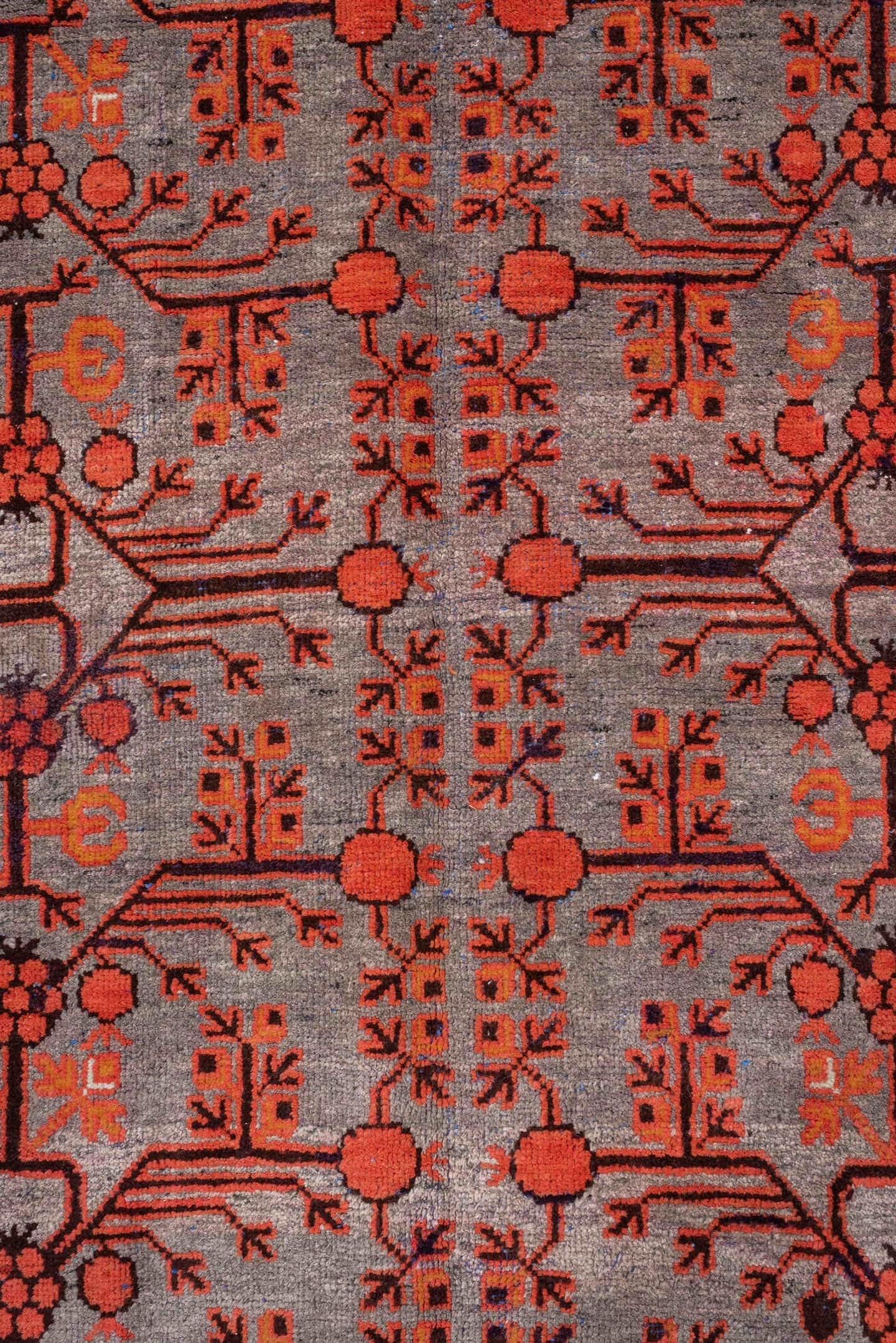 6' x 14' one-of-a-kind handmade antique Khotan large size rug. Color palette: slate, terracotta, rust, ivory, charcoal