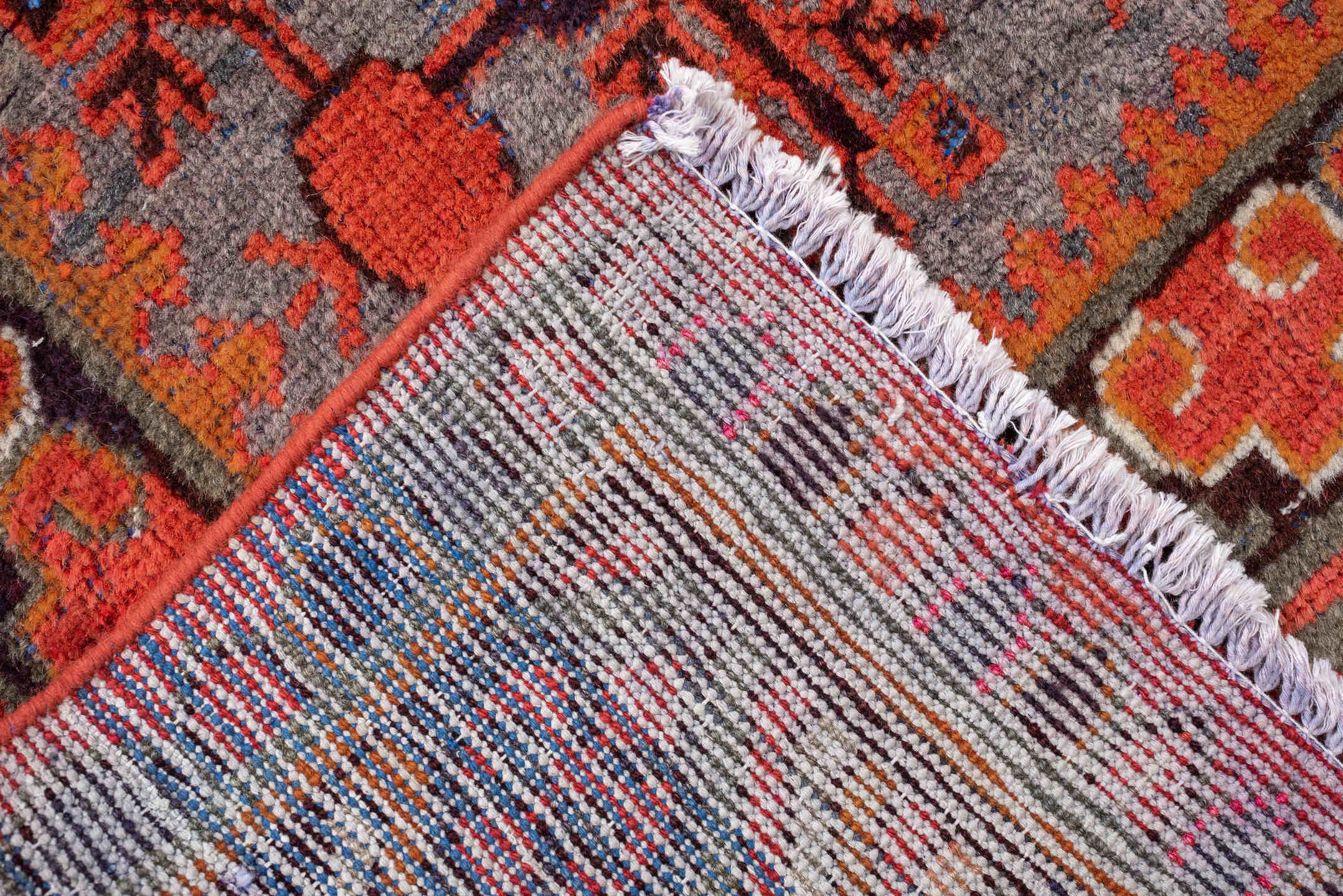 6' x 14' one-of-a-kind handmade antique Khotan large size rug. Color palette: slate, terracotta, rust, ivory, charcoal