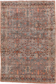4' x 7' one-of-a-kind handmade antique rug. Color palette: charcoal, coral, ivory, taupe, slate, terra cotta, brown, black