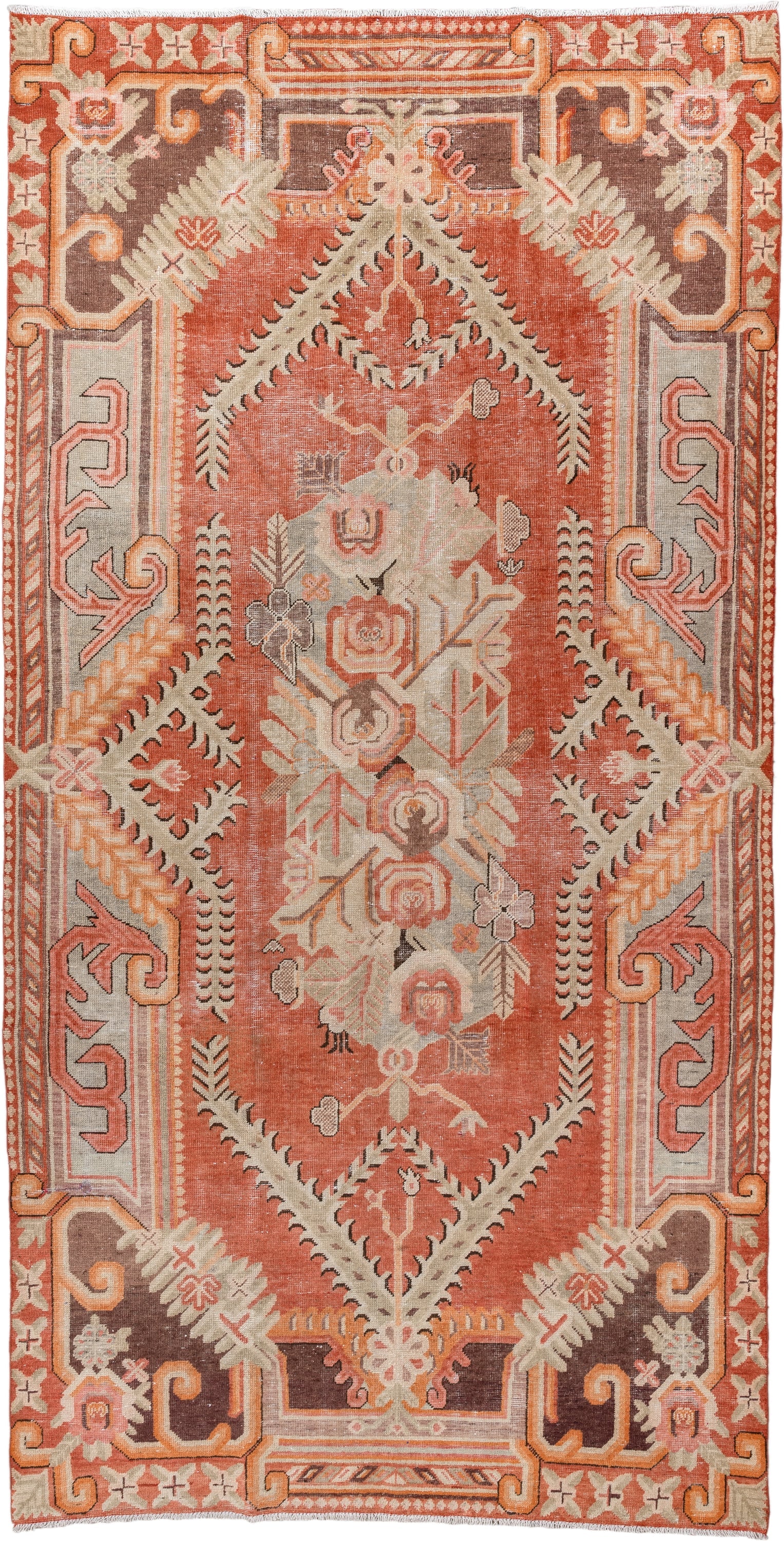 5' x 10' one-of-a-kind handmade antique Khotan large size rug. Color palette: coral, ivory, taupe, chocolate_brown, peach