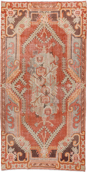5' x 10' one-of-a-kind handmade antique Khotan large size rug. Color palette: coral, ivory, taupe, chocolate_brown, peach