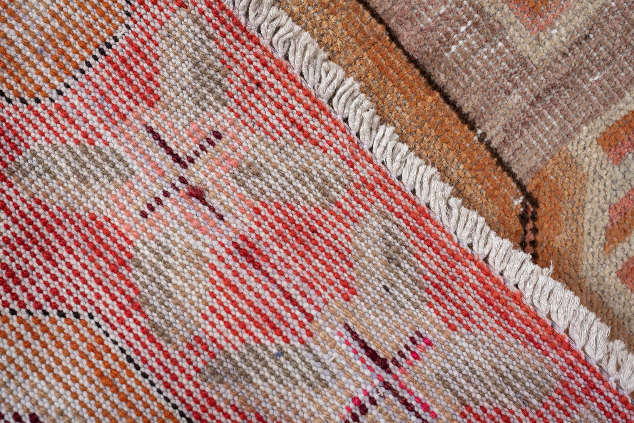 5' x 10' one-of-a-kind handmade antique Khotan large size rug. Color palette: coral, ivory, taupe, chocolate_brown, peach