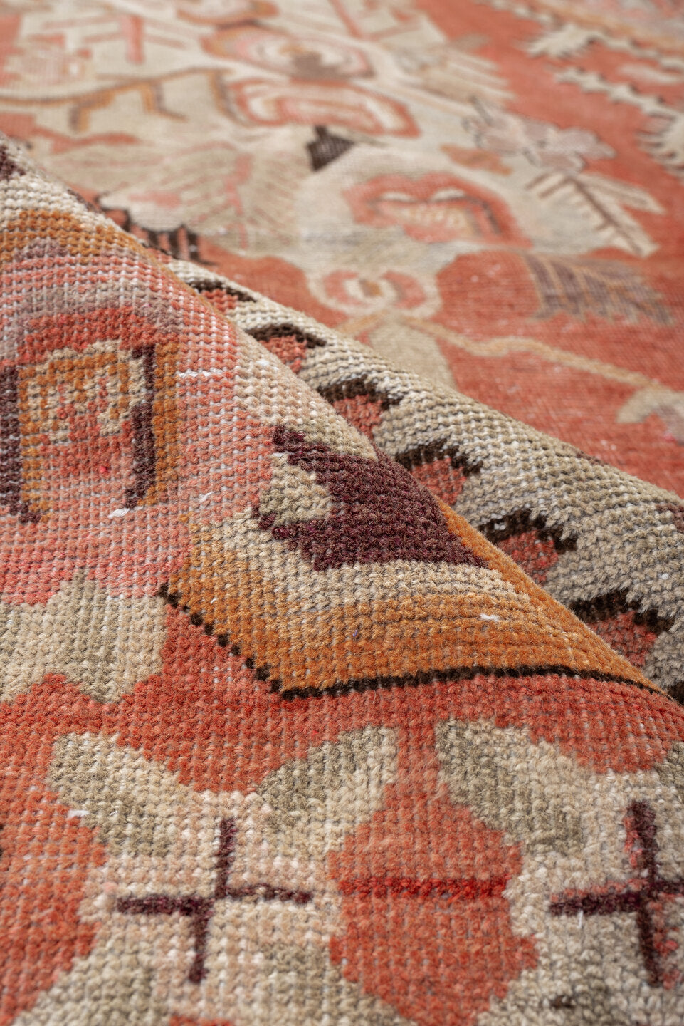 5' x 10' one-of-a-kind handmade antique Khotan large size rug. Color palette: coral, ivory, taupe, chocolate_brown, peach