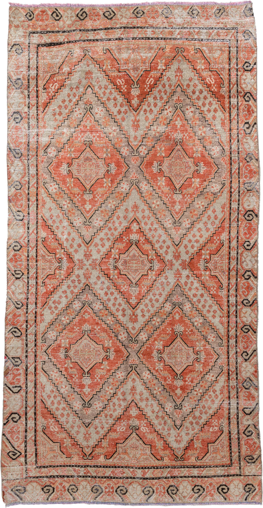 5' x 10' one-of-a-kind handmade antique Khotan large size rug. Color palette: coral, ivory, taupe, charcoal, sand