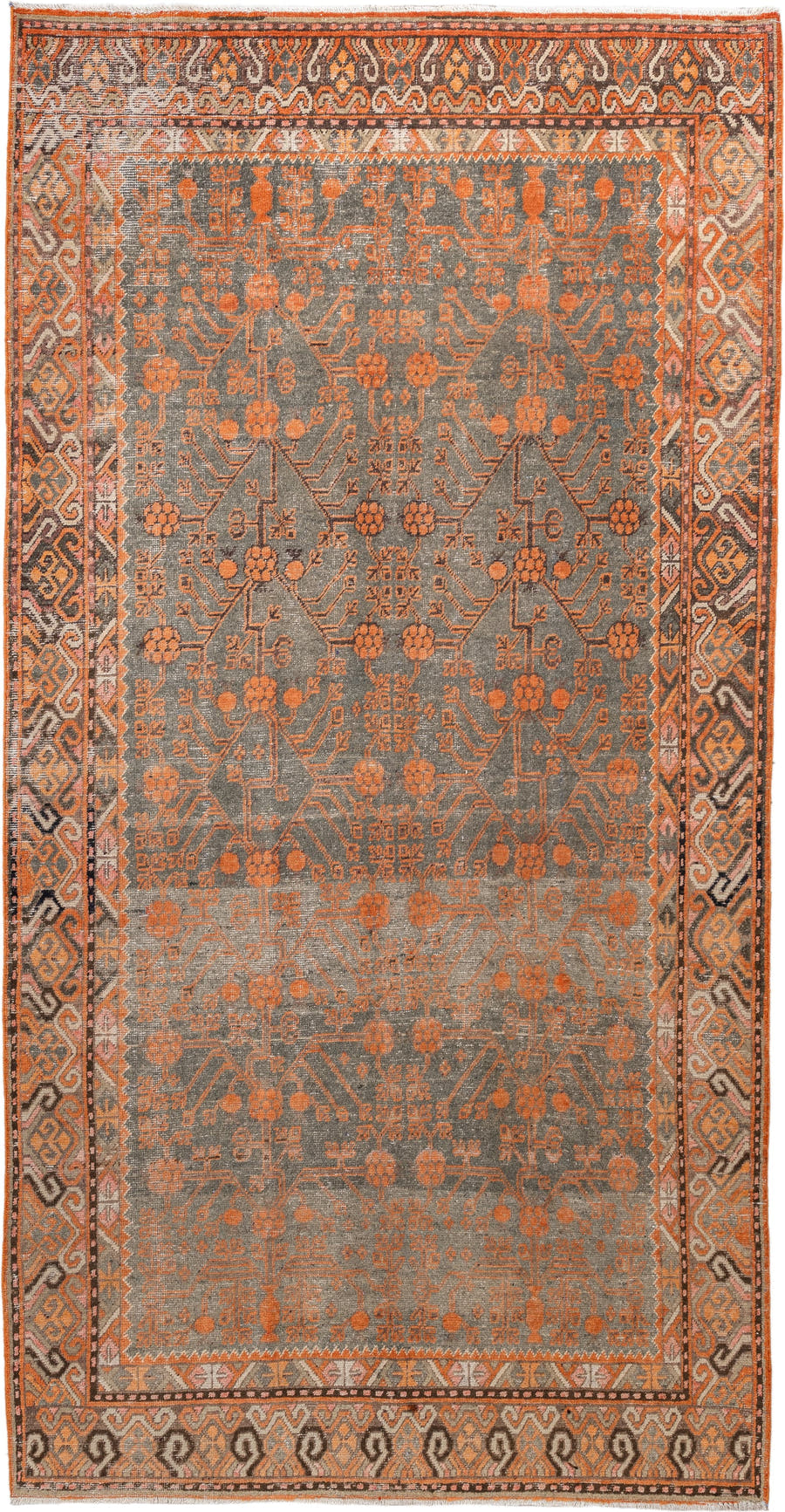 5' x 11' one-of-a-kind handmade antique Khotan large size rug. Color palette: taupe, terra cotta, charcoal, ivory, camel