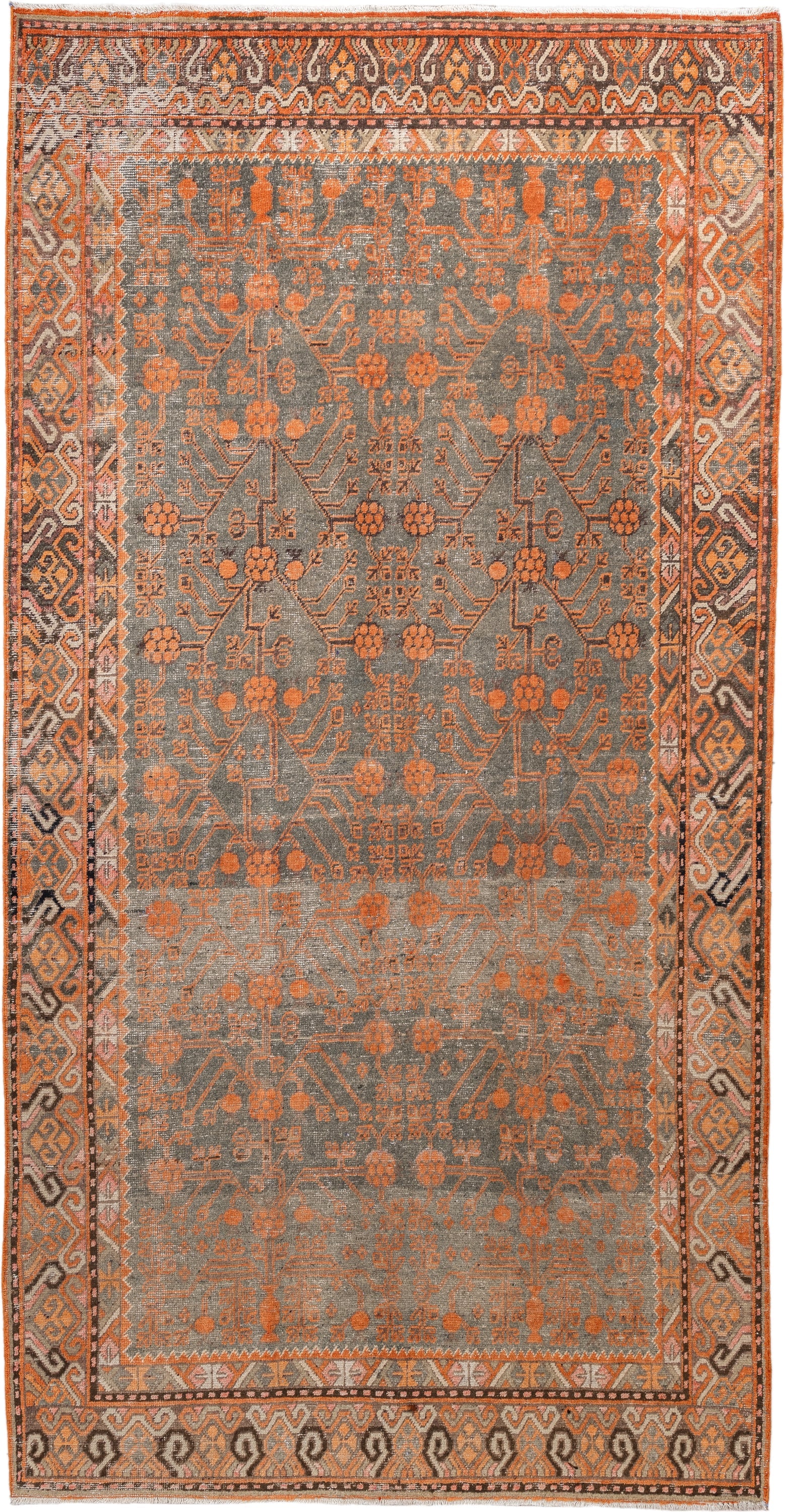 5' x 11' one-of-a-kind handmade antique Khotan large size rug. Color palette: taupe, terra cotta, charcoal, ivory, camel