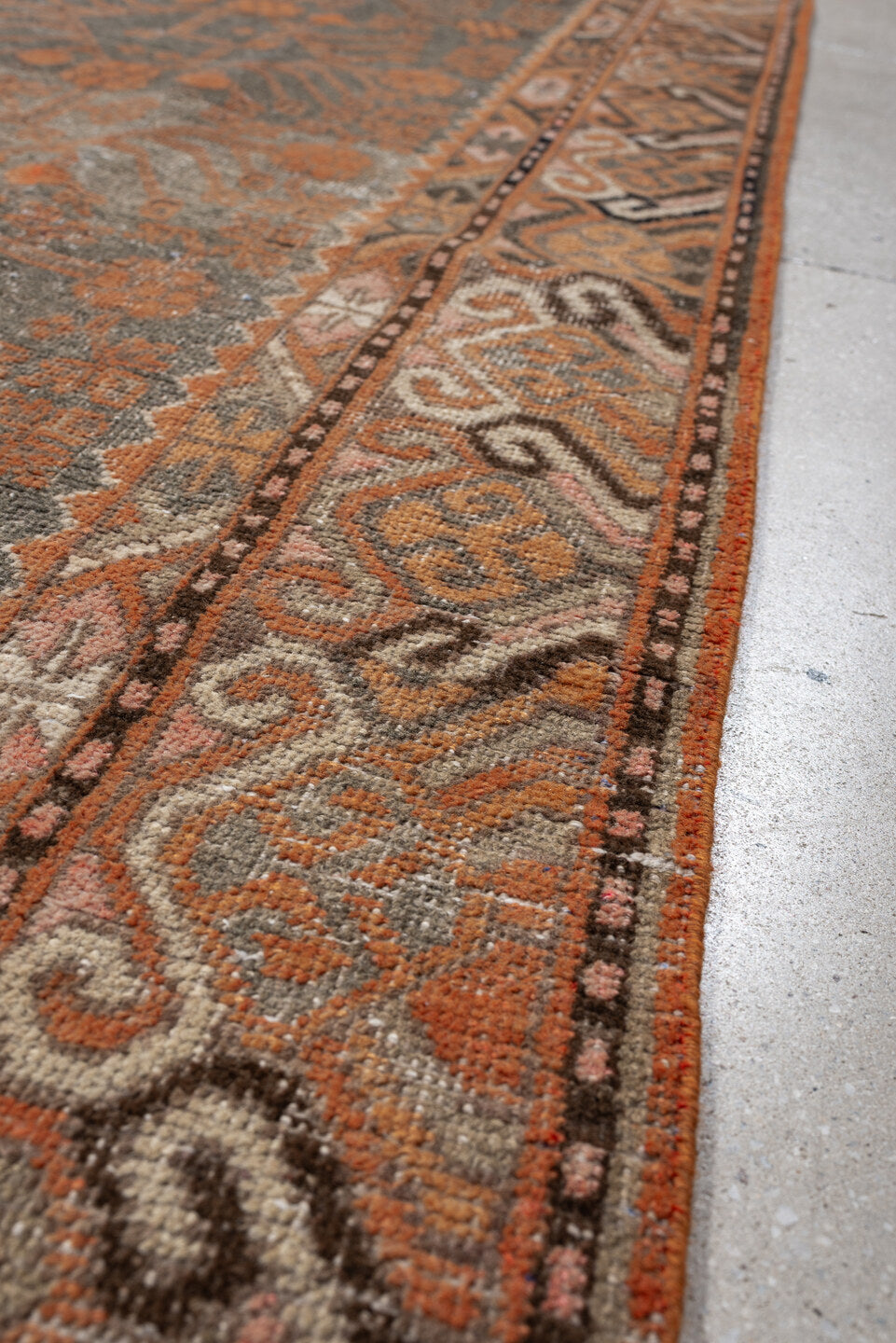 5' x 11' one-of-a-kind handmade antique Khotan large size rug. Color palette: taupe, terra cotta, charcoal, ivory, camel