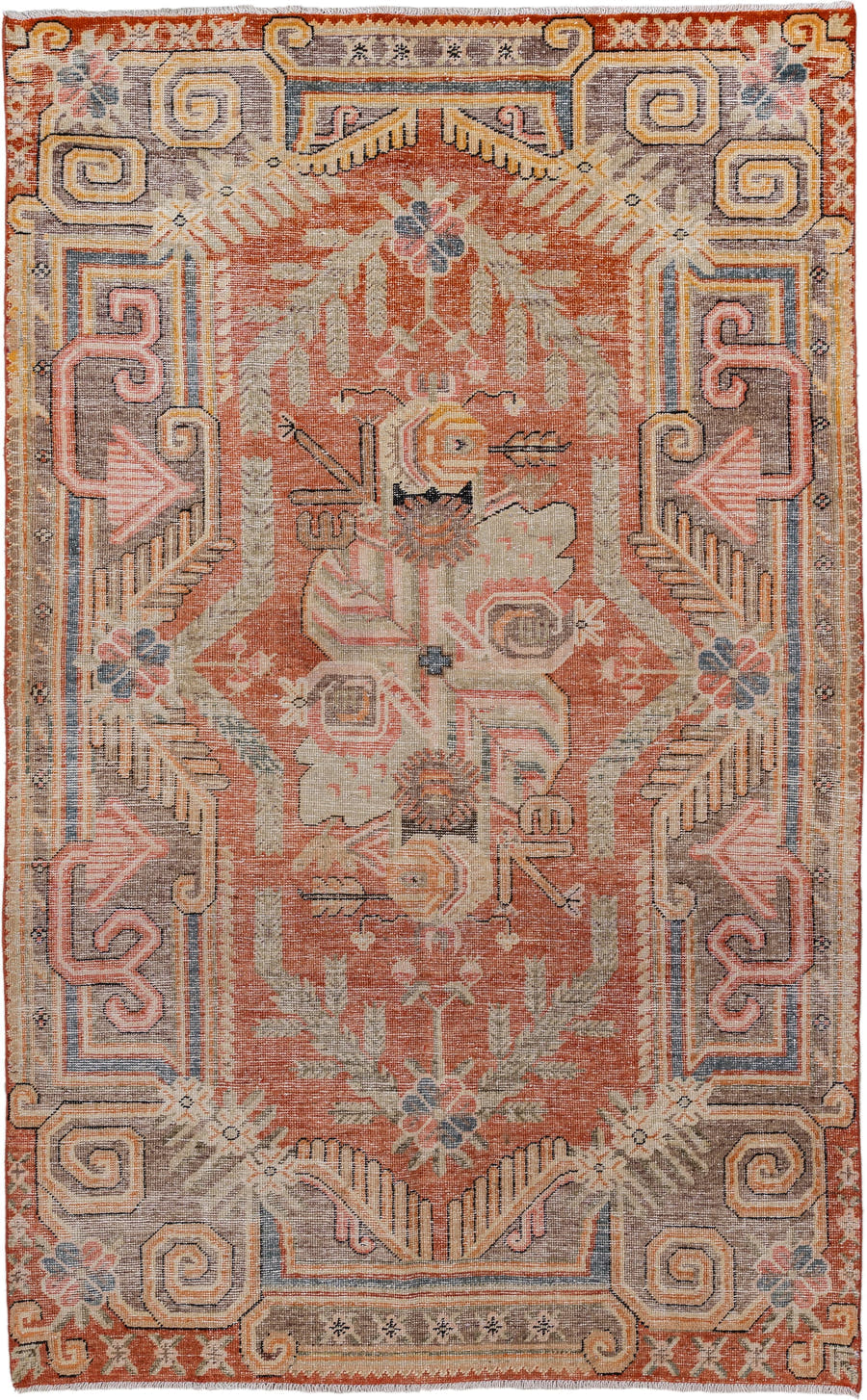 5' x 8' one-of-a-kind handmade vintage Khotan medium size rug. Color palette: terra cotta, ivory, taupe, slate, blush, camel