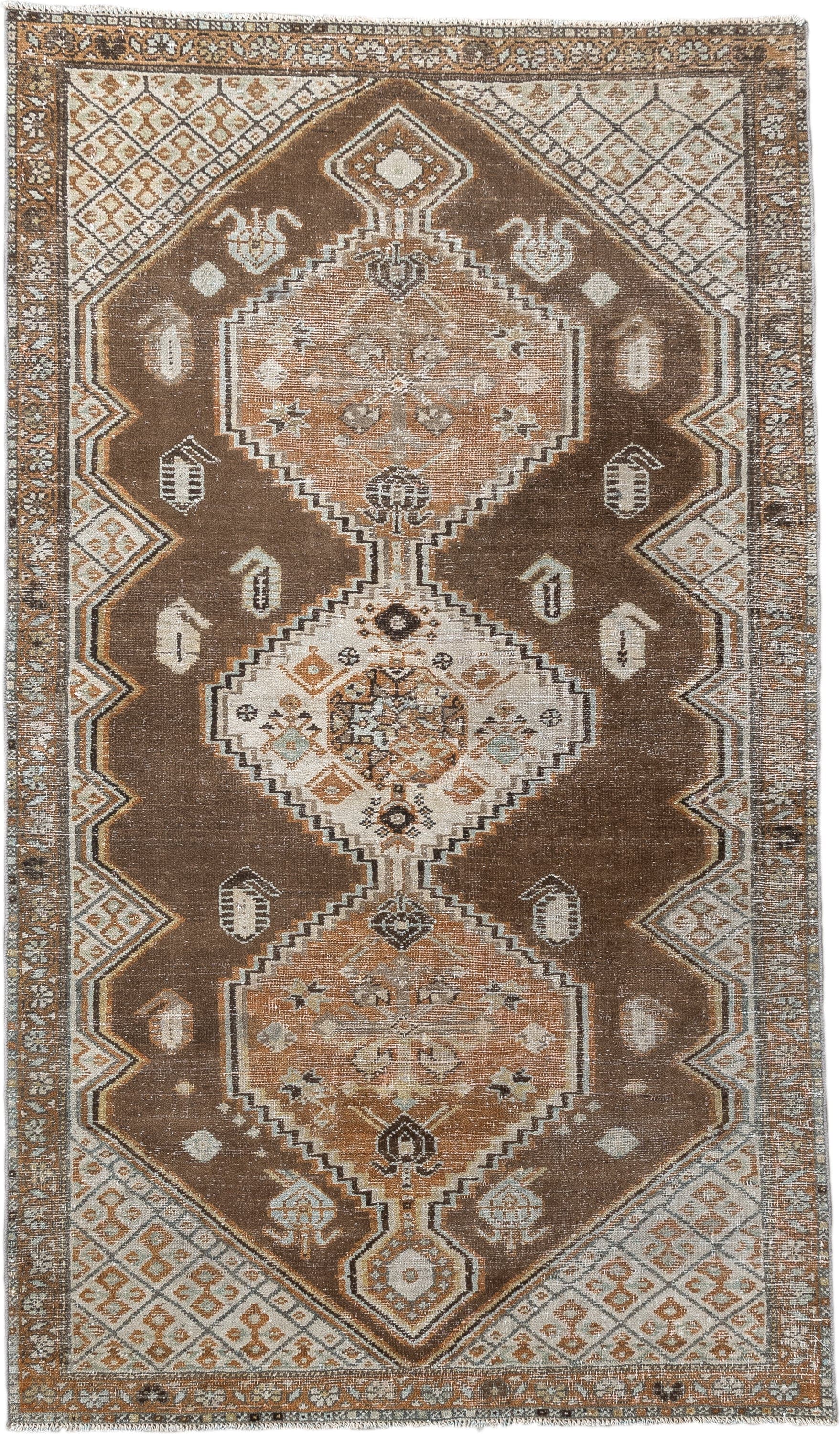 3' x 5' one-of-a-kind handmade antique Hamadan small size rug. Color palette: brown, ivory, camel, taupe, rust, charcoal