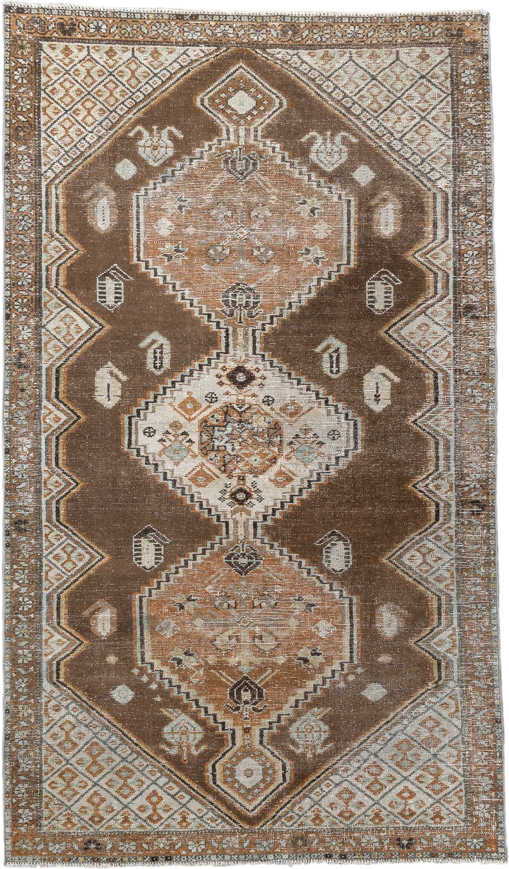 3' x 5' one-of-a-kind handmade antique Hamadan small size rug. Color palette: brown, ivory, camel, taupe, rust, charcoal